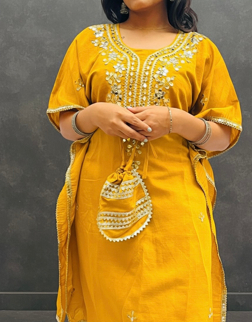 MUSTARD KAFTAN SET WITH A SMALL BAG BESU INDIA