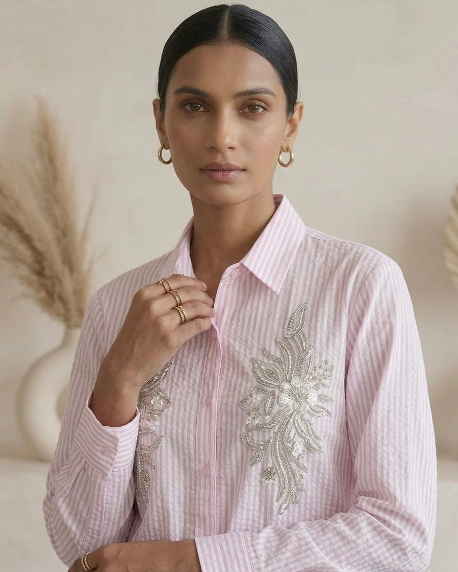 PINK AND WHITE STRIPED SHIRT WITH FLORAL EMBROIDERY BESU INDIA