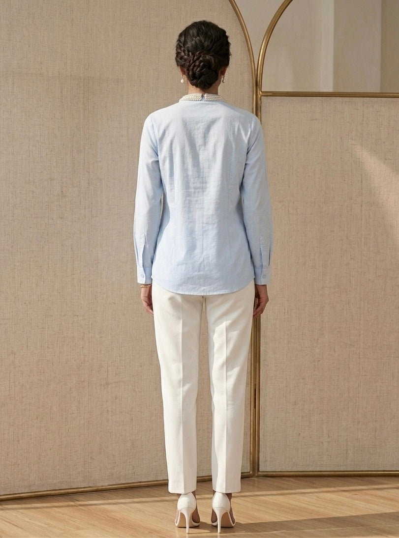 POWDER BLUE SHIRT WITH EMBROIDERED COLLAR BESU INDIA
