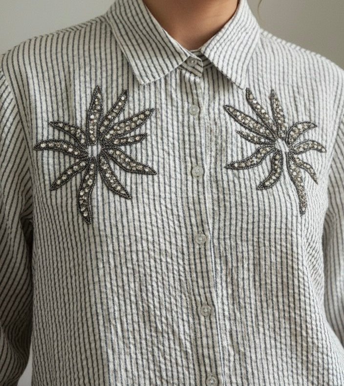 GREY AND WHITE STRIPES TEXTURED COTTON SHIRT WITH EMBELLISHMENTS BESU INDIA
