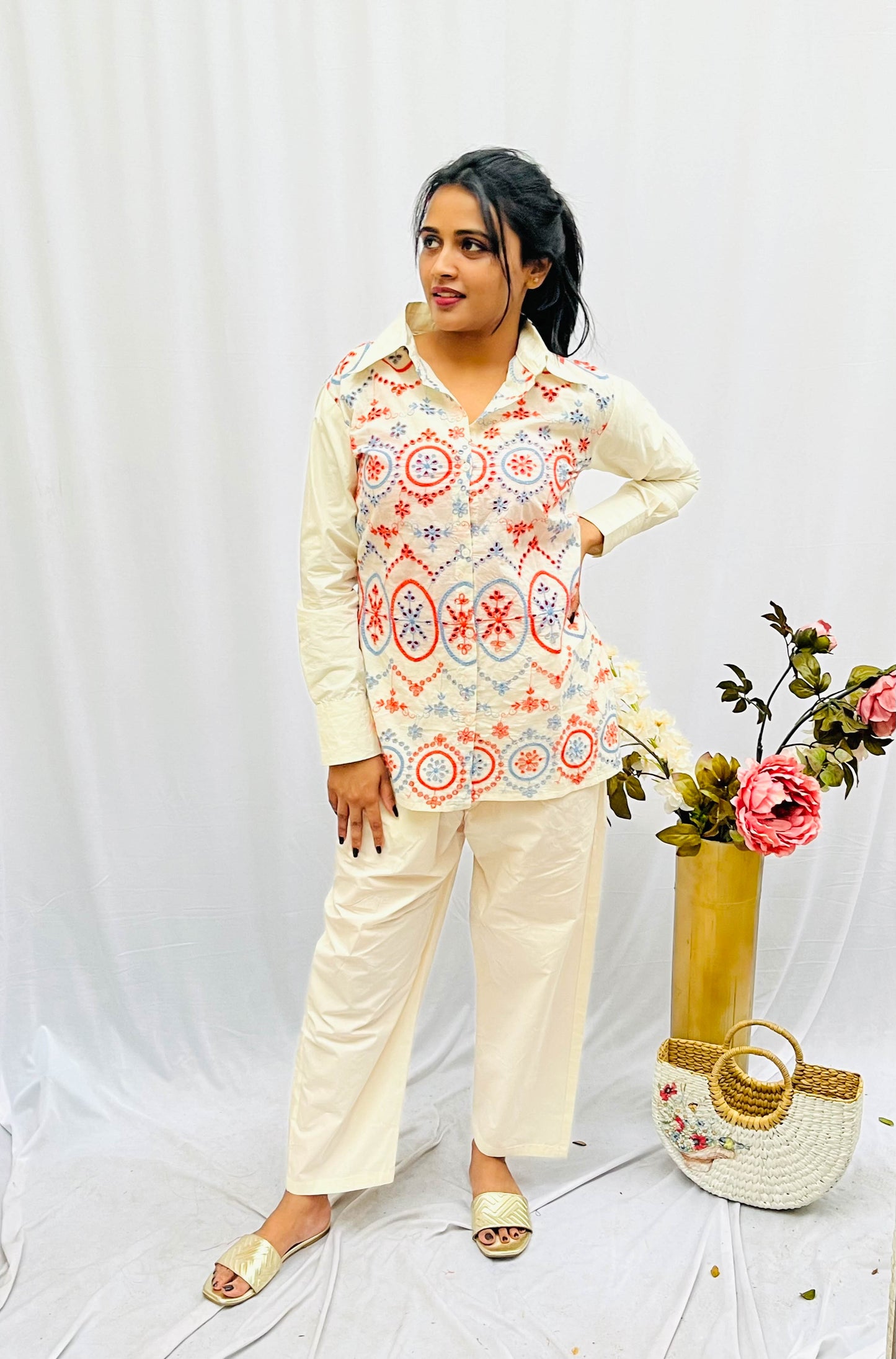 CREAM IS EMBROIDERED HAKOBA CO-ORDS BESU INDIA