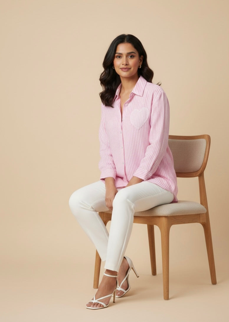 WHITE AND PINK STRIPED SHIRT WITH HEART PATCHWORK
