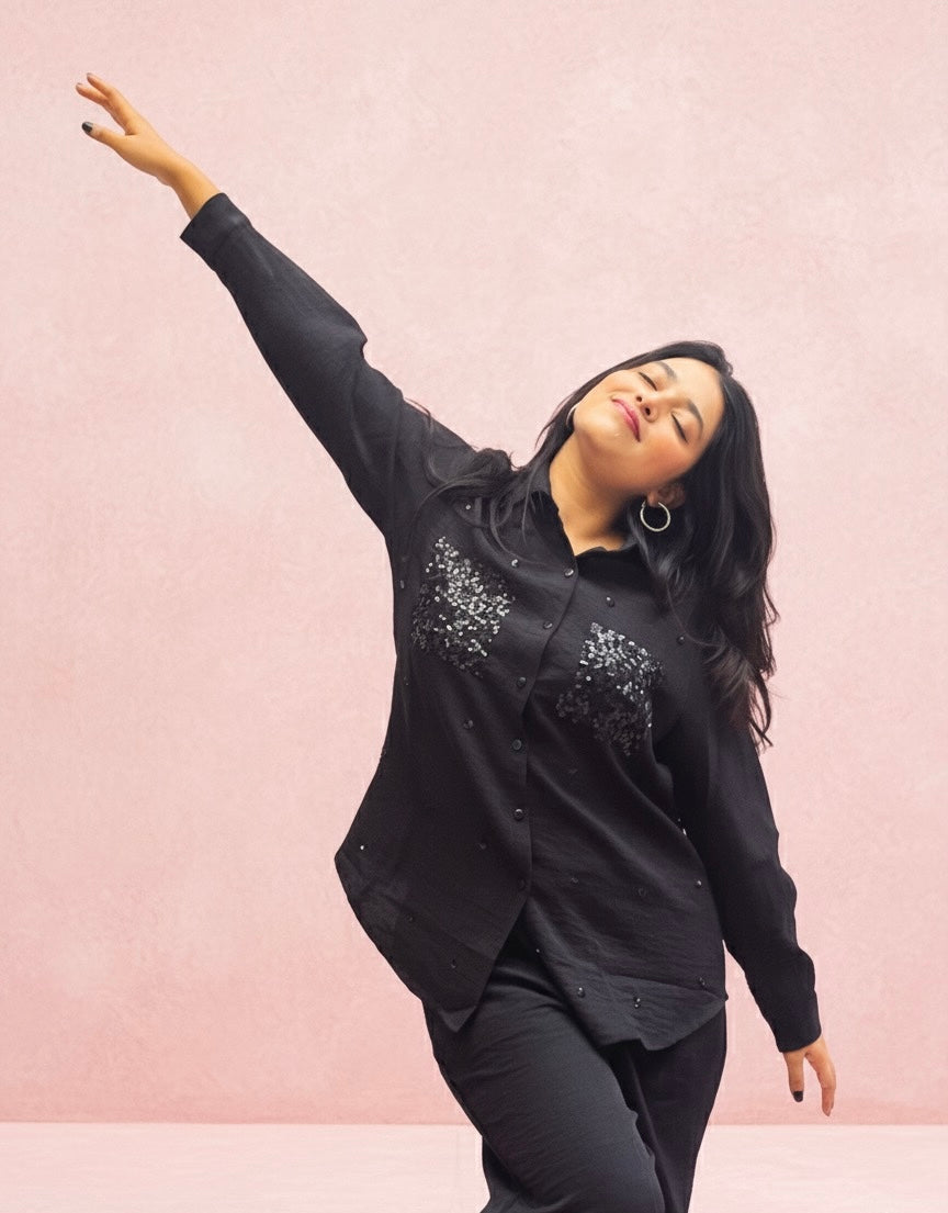 BLACK LINEN CO-ORDS WITH SEQUINS POCKETS BESU INDIA