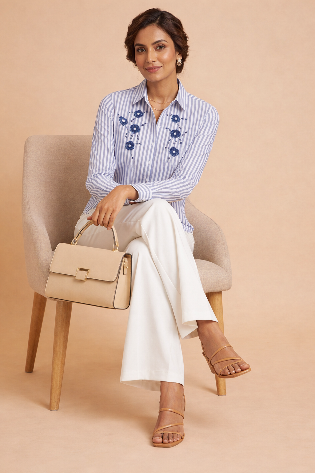 NAVY BLUE STRIPED SHIRT WITH FLORAL EMBROIDERY BESU INDIA