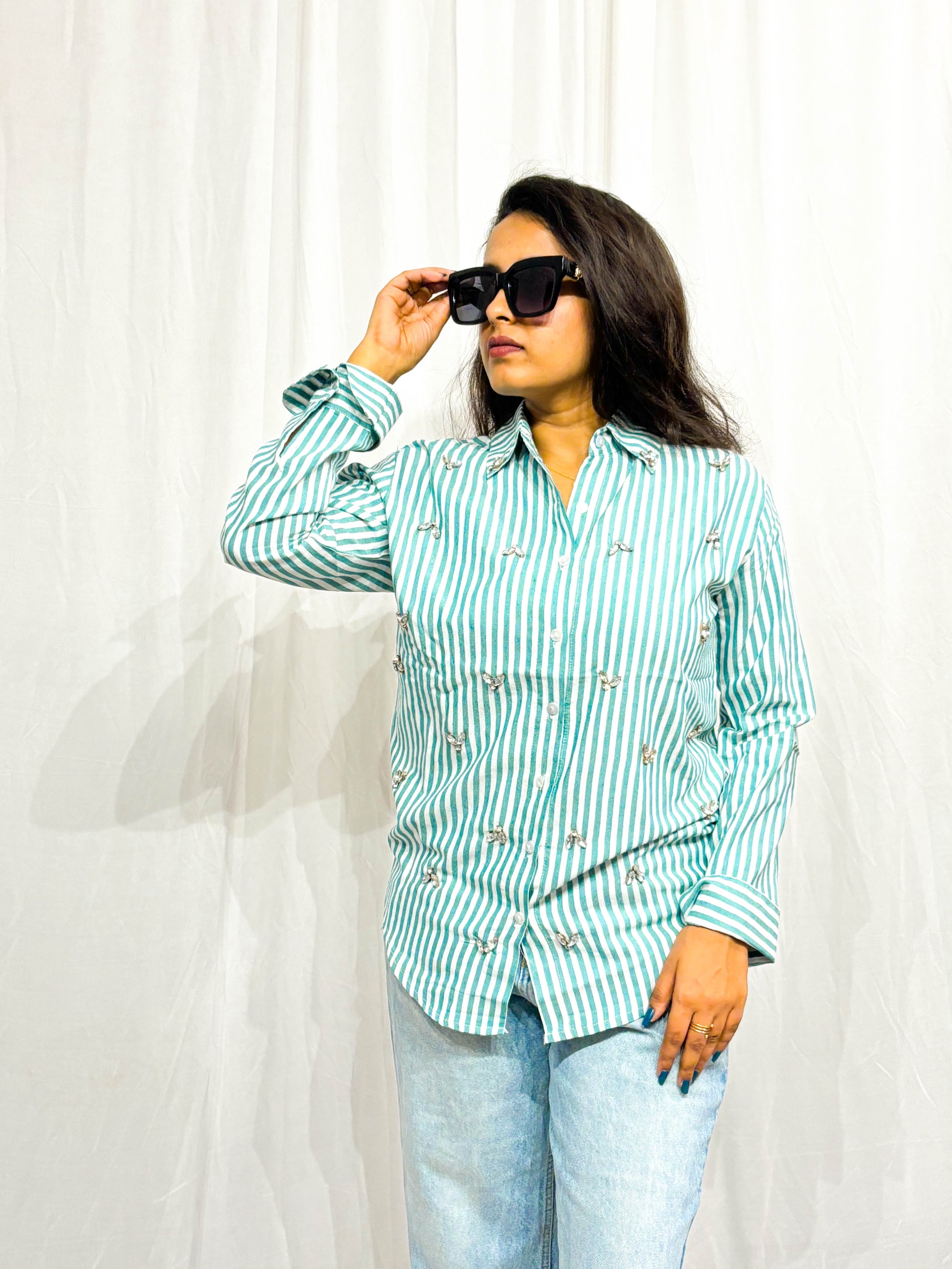 TEEL BLUE STRIPES COTTON SHIRT WITH EMBELLISHMENTS BESU INDIA