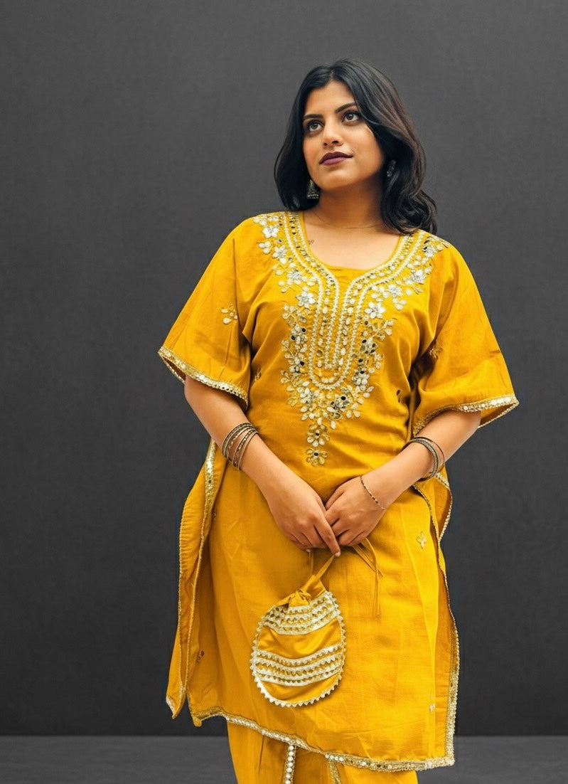 MUSTARD KAFTAN SET WITH A SMALL BAG BESU INDIA