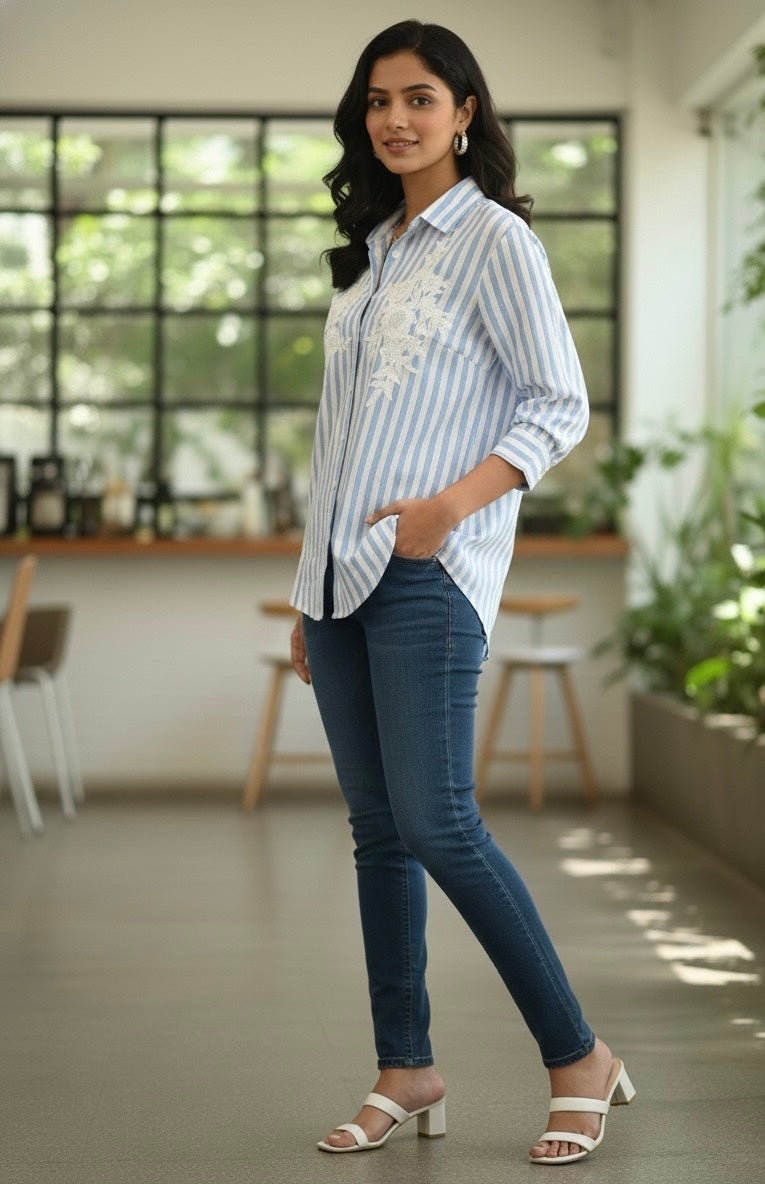 BLUE AND WHITE STRIPED SHIRT WITH SEQUINS EMBROIDERY BESU INDIA