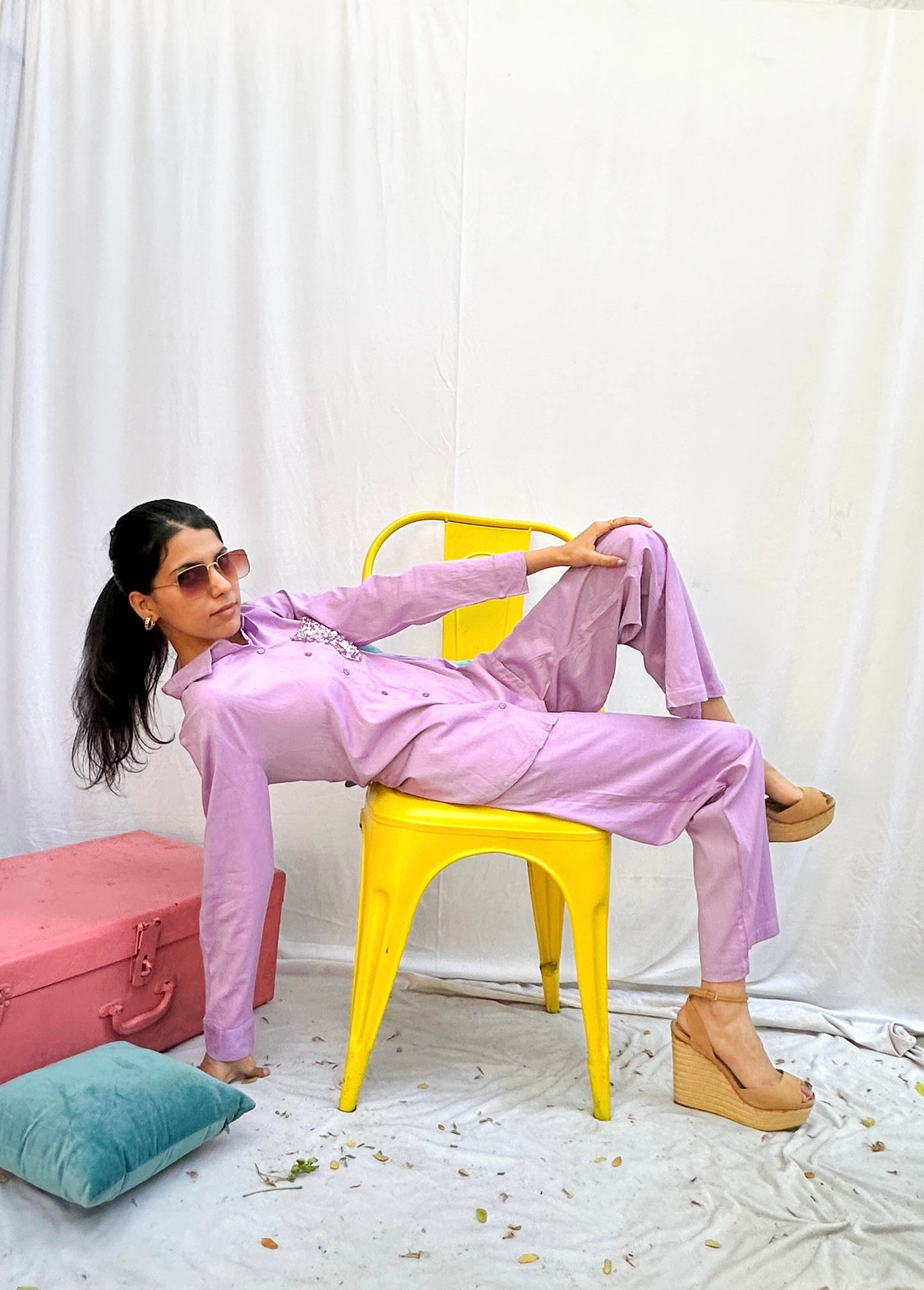 LAVENDER COTTON CO-ORD WITH SEQUINS POCKET BESU INDIA