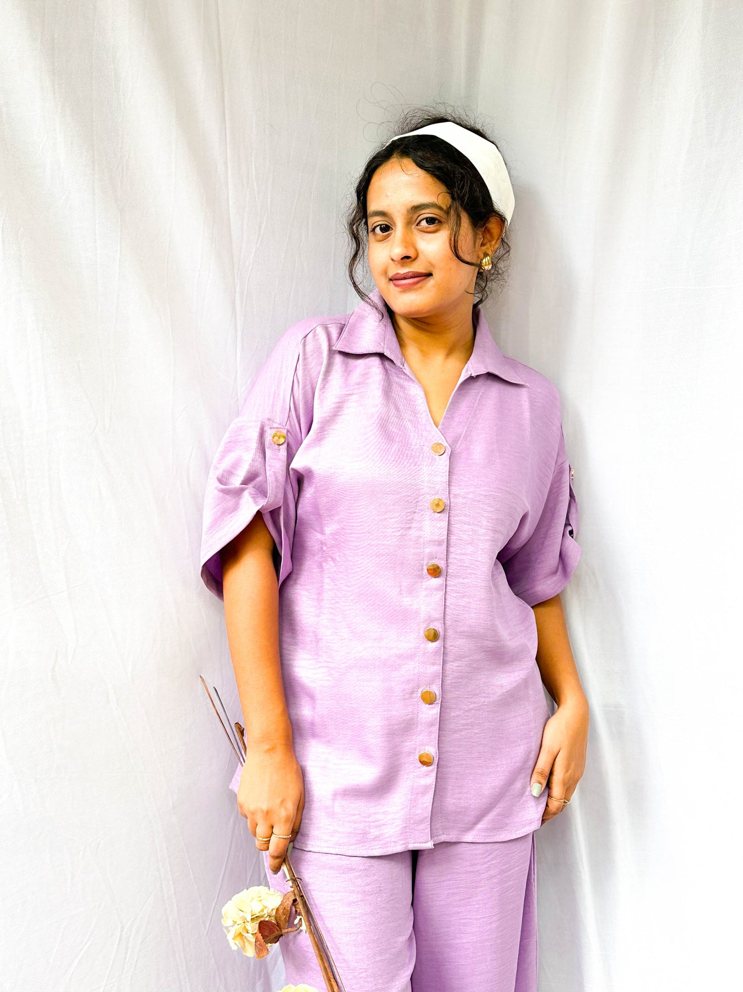 LIGHT LAVENDER SOFT COTTON CO-ORDS WITH ELEGANT GOLD BUTTONS BESU INDIA