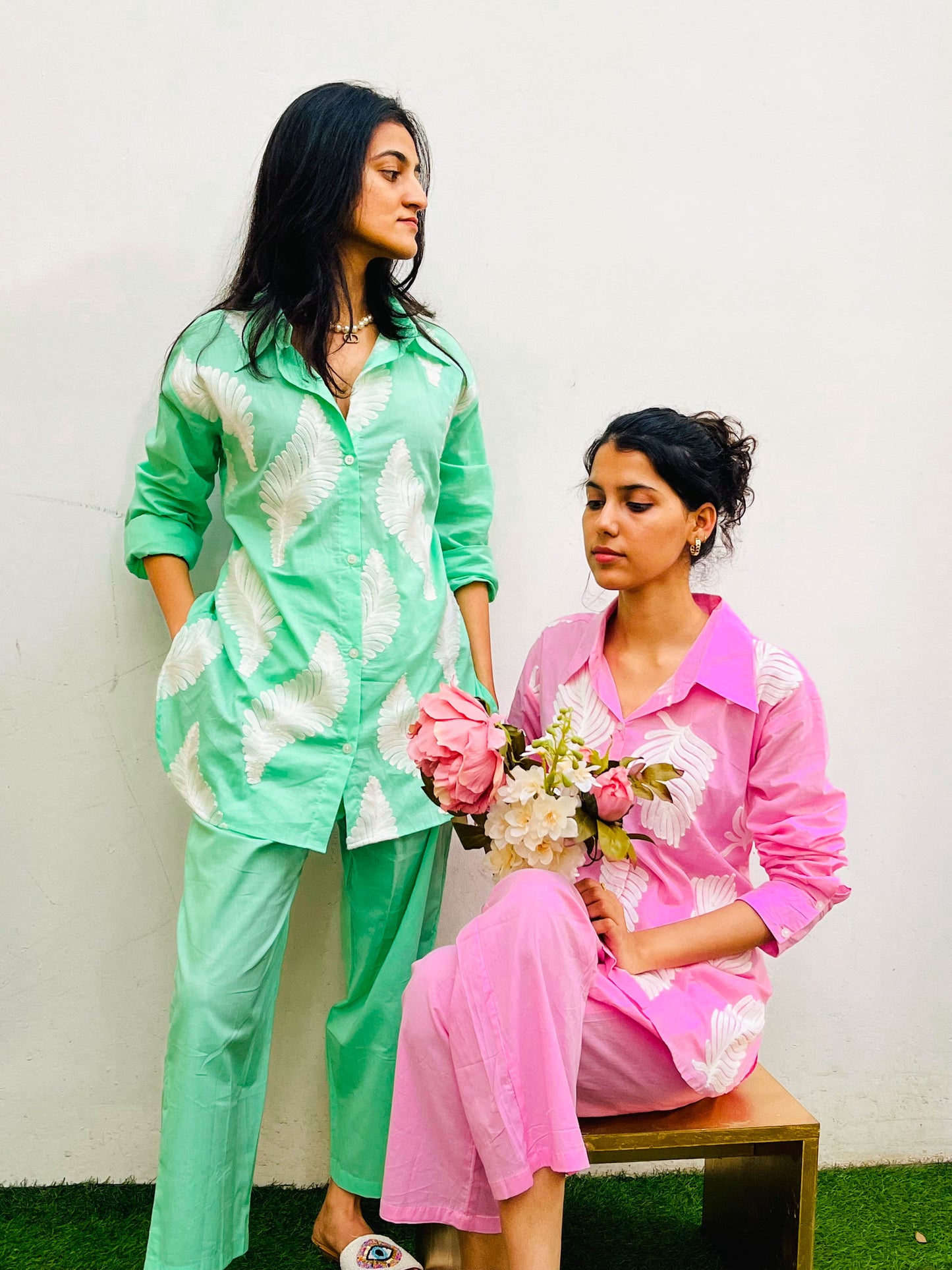 BRIGHT PINK LEAF PATCH WORK SET BESU INDIA
