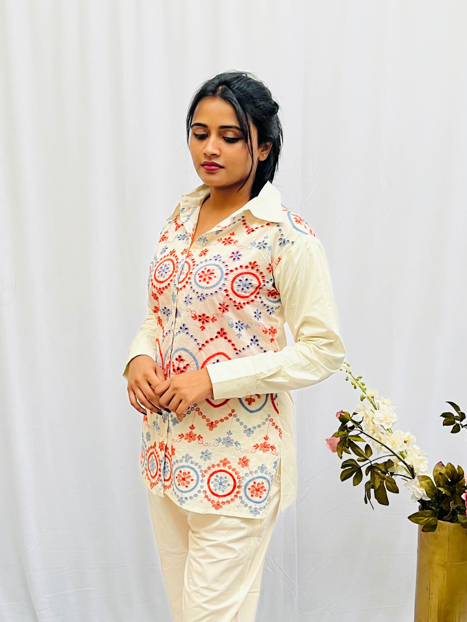 CREAM IS EMBROIDERED HAKOBA CO-ORDS BESU INDIA