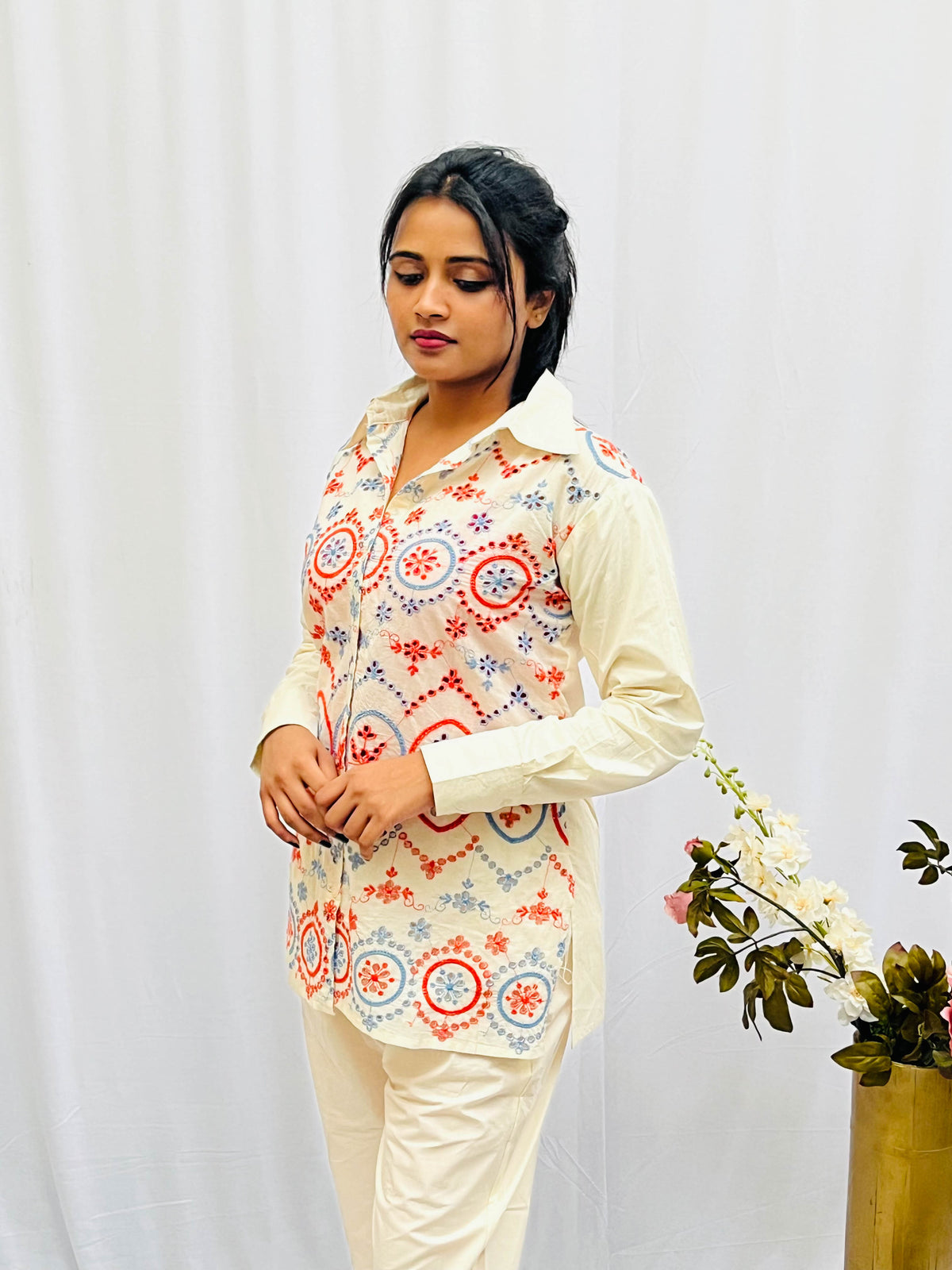CREAM IS EMBROIDERED HAKOBA CO-ORDS BESU INDIA