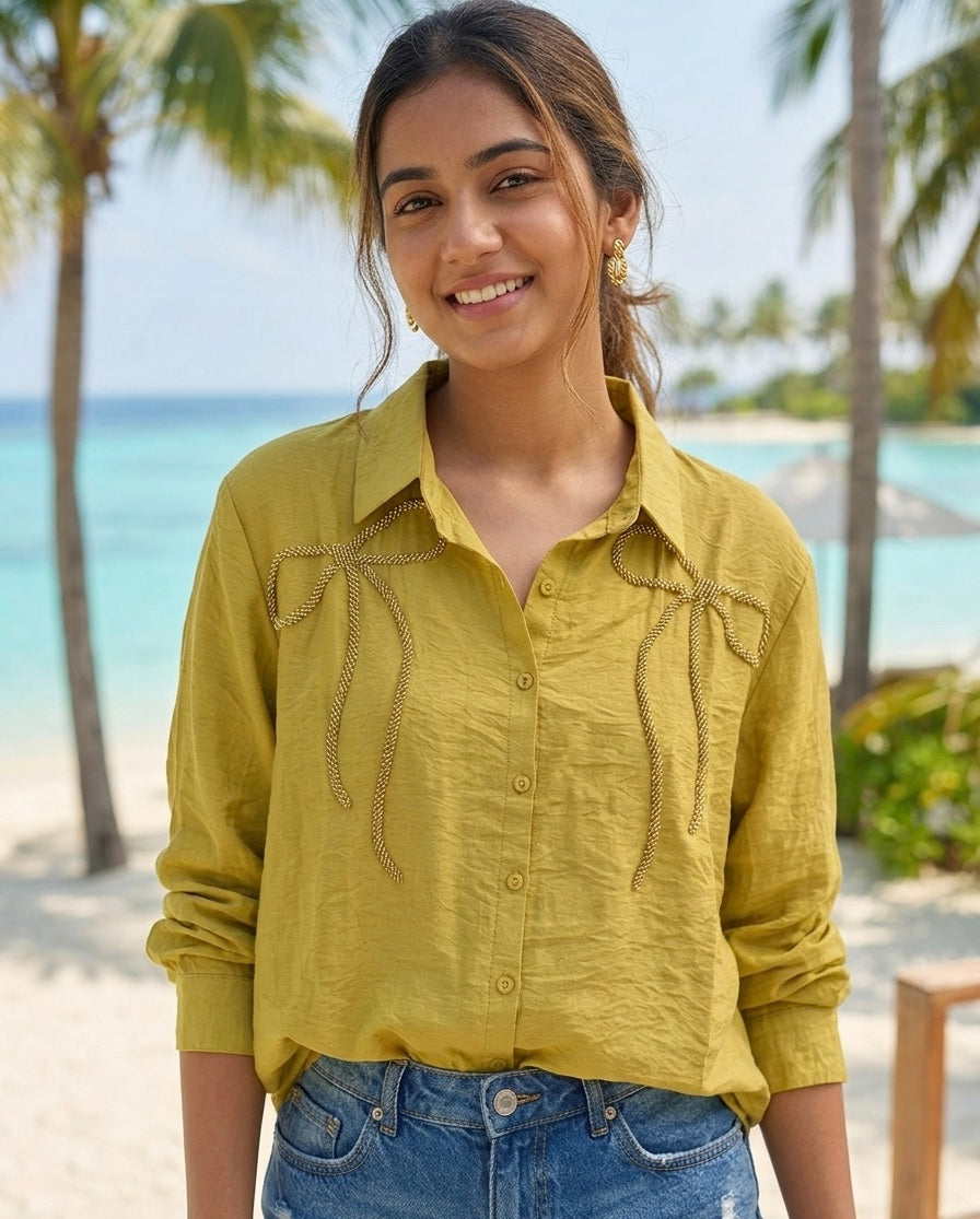 EARTHY GREEN SHIRT WITH BEADED BOW BESU INDIA