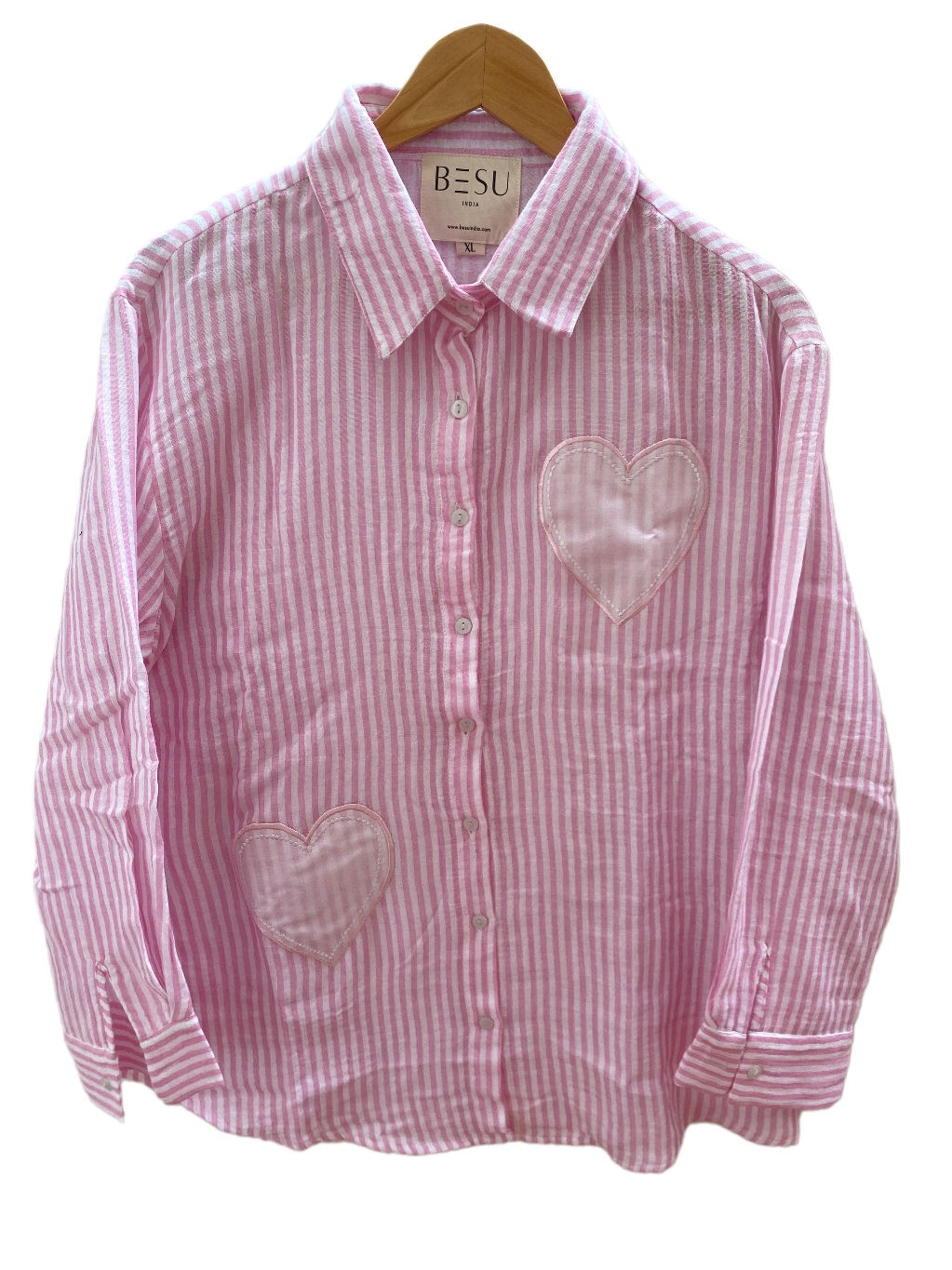 WHITE AND PINK STRIPED SHIRT WITH HEART PATCHWORK