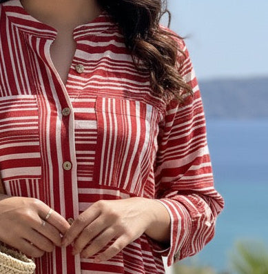 RED AND WHITE STRIPE PATTERN COTTON DRESS BESU INDIA