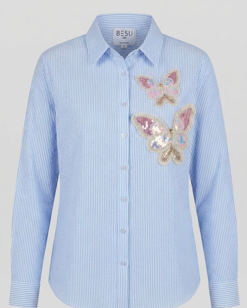 THE DARK BLUE STRIPED BUTTERFLY EMBROIDERED SHIRT BESU INDIA