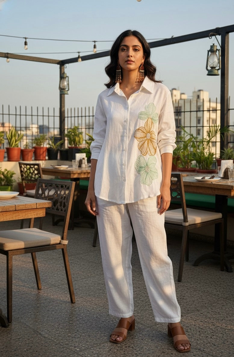WHITE LINEN COLOURFUL THREAD EMBROIDERED AND EMBELLISHED CO-ORDS BESU INDIA