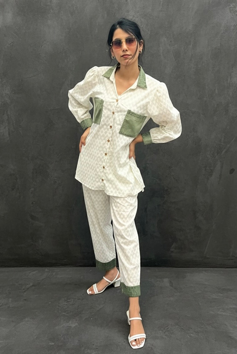 GREEN SUEDE PATCH WORKED - TEXTURED COTTON CO-ORD BESU INDIA
