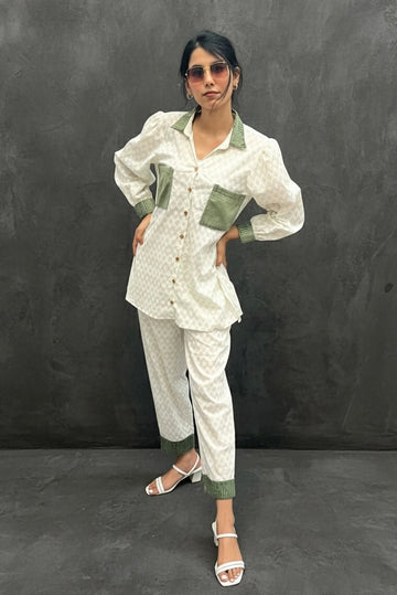 GREEN SUEDE PATCH WORKED - TEXTURED COTTON CO-ORD BESU INDIA