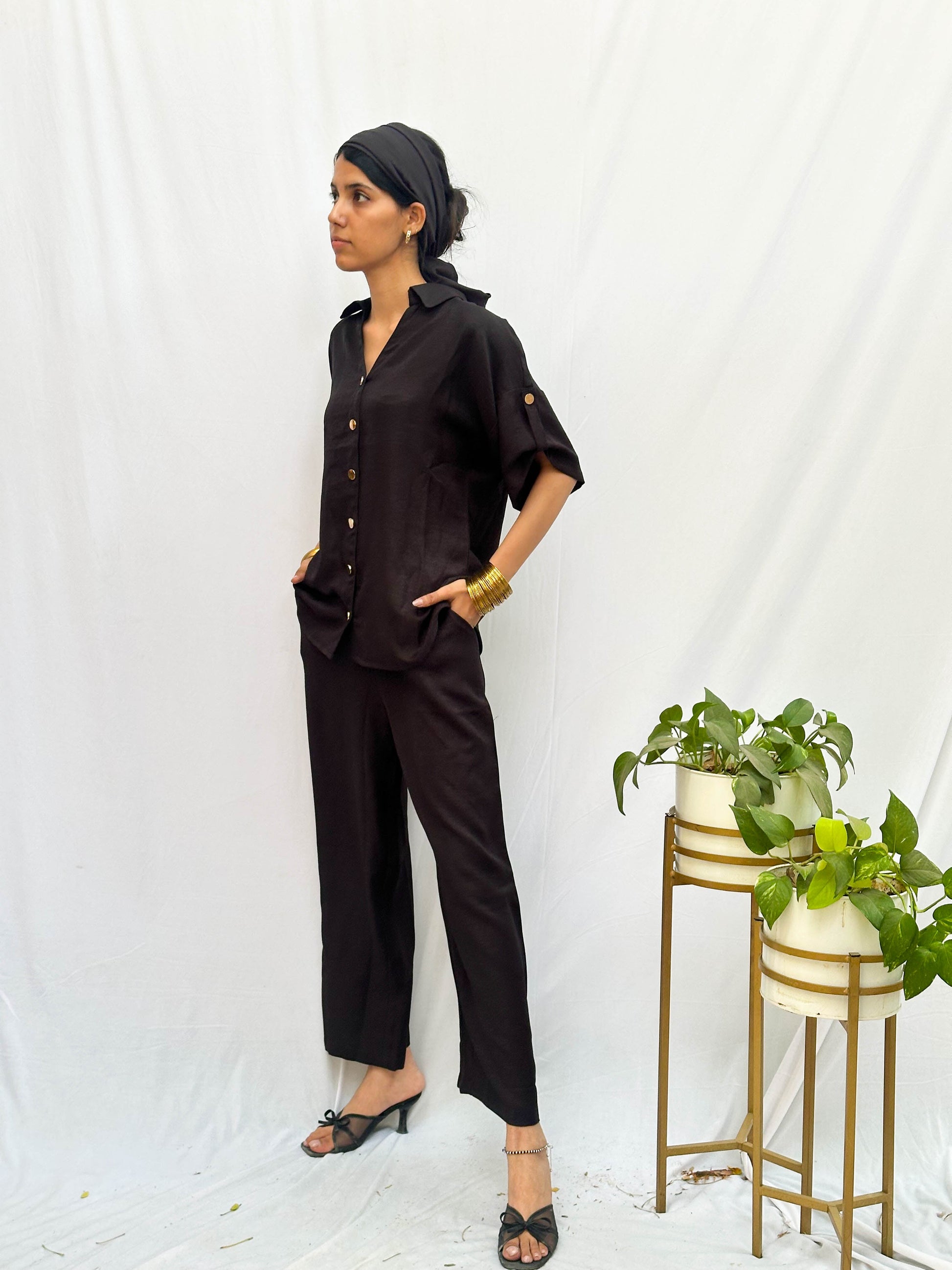Black Cotton Co-Ord with Signature Gold Buttons BESU INDIA