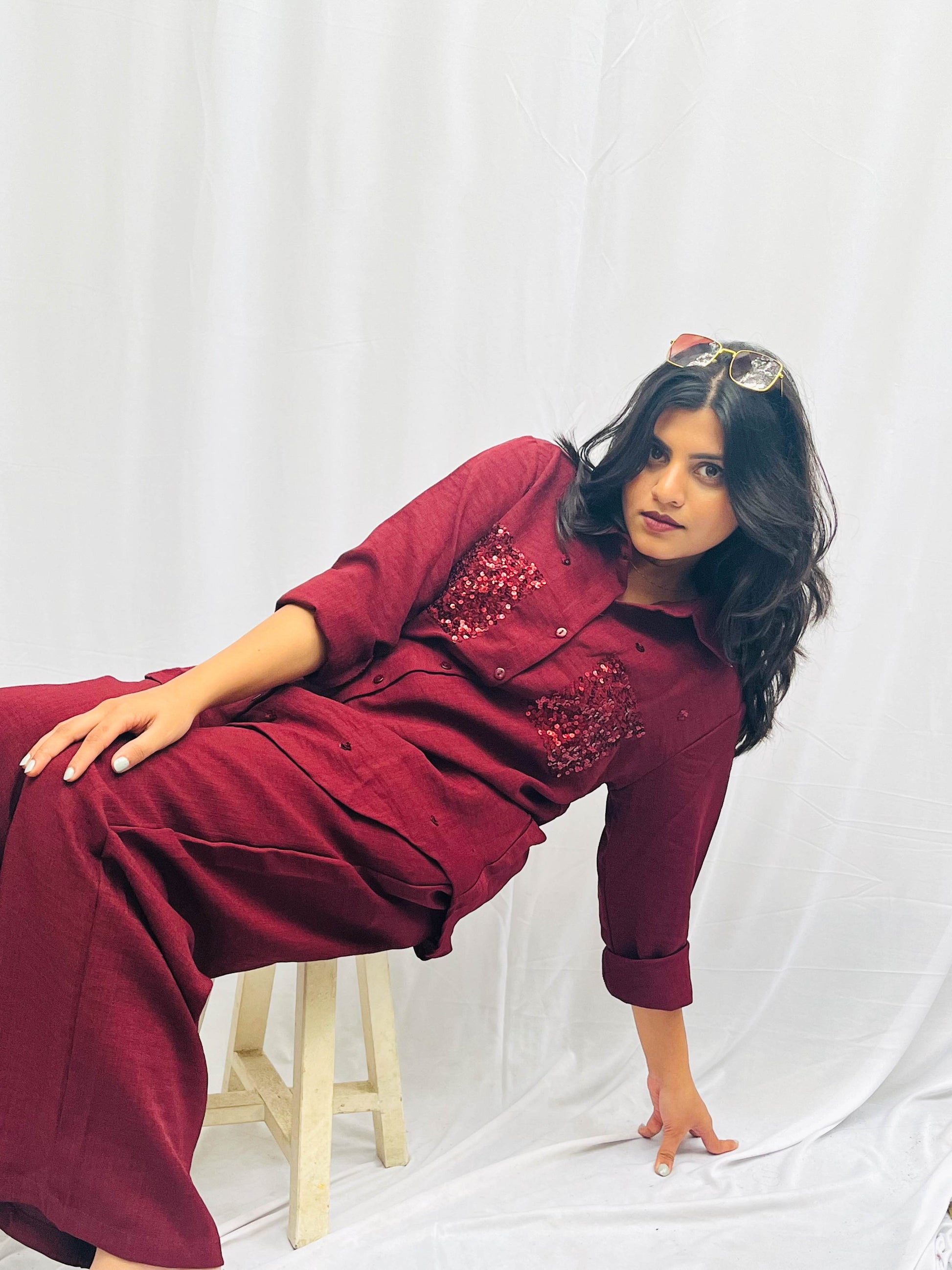 WINE RED LINEN CO-ORDS WITH SEQUINS POCKETS BESU INDIA
