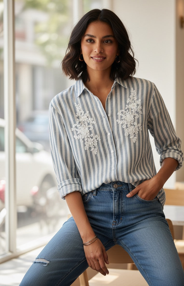 LIGHT BLUE STRIPED SHIRT WITH EMBROIDERED PATCH WORK BESU INDIA