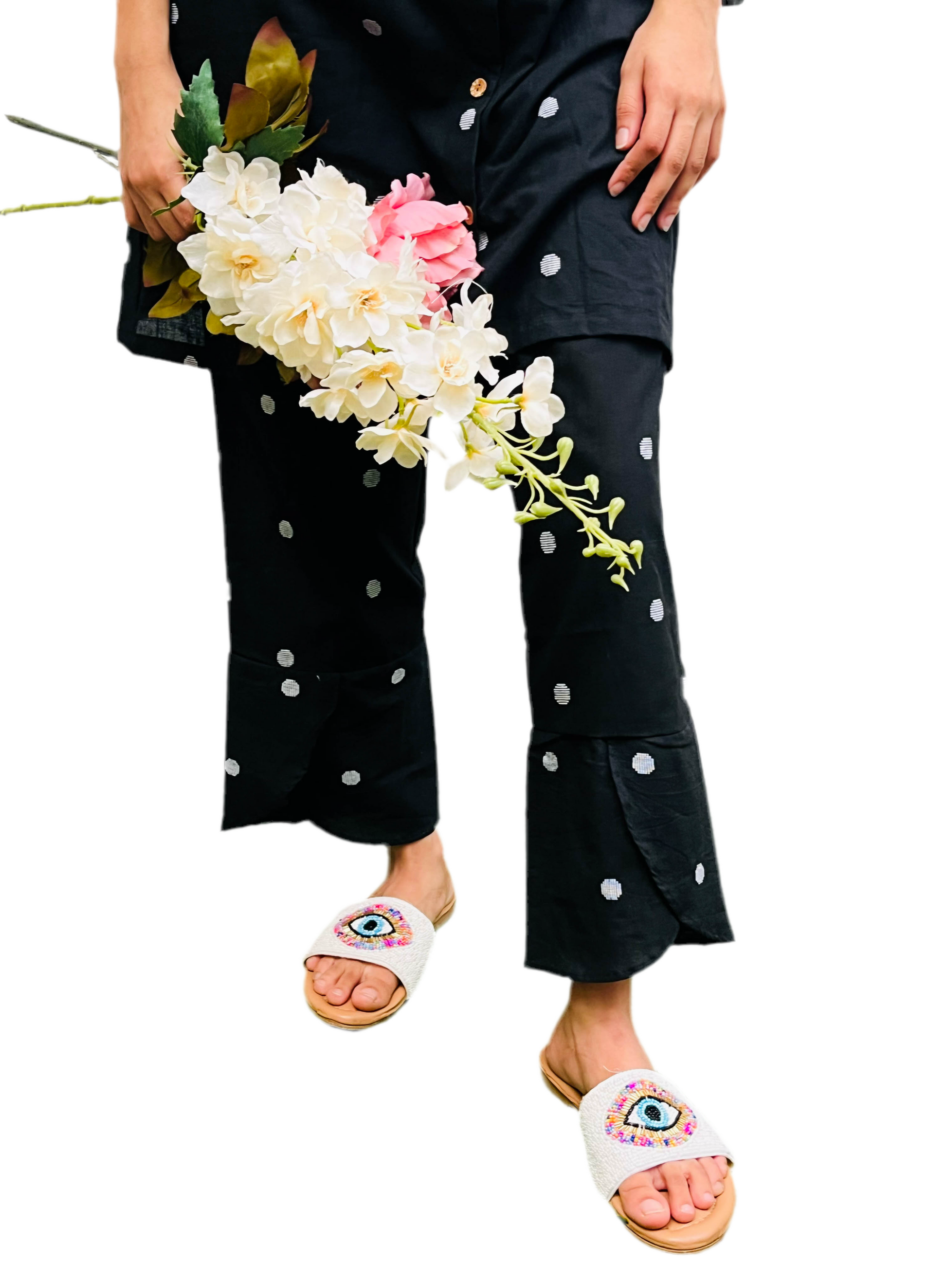 BLACK POLKA DOTTED COTTON CO-ORD KURTA SET BESU INDIA