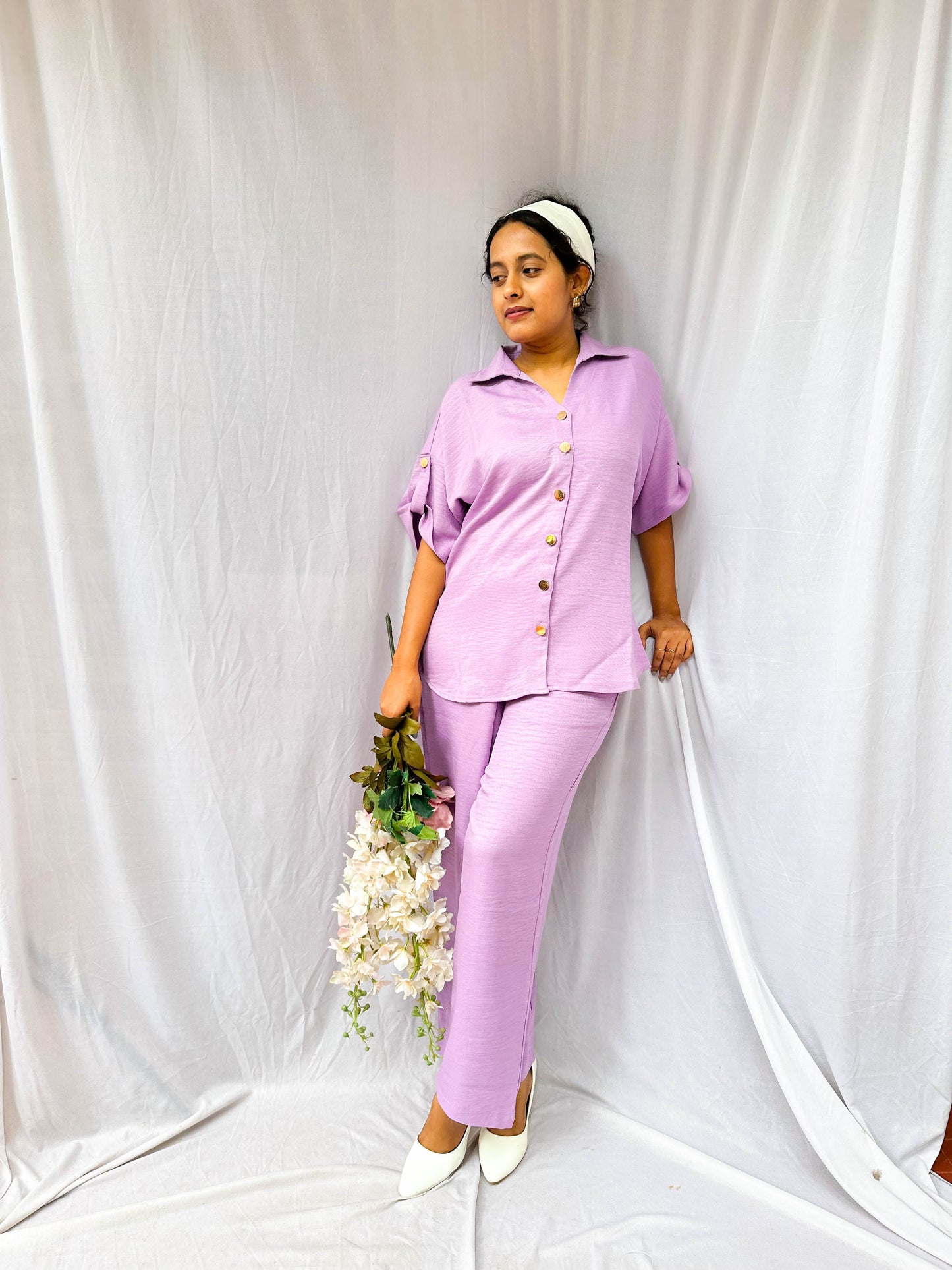 LIGHT LAVENDER SOFT COTTON CO-ORDS WITH ELEGANT GOLD BUTTONS BESU INDIA