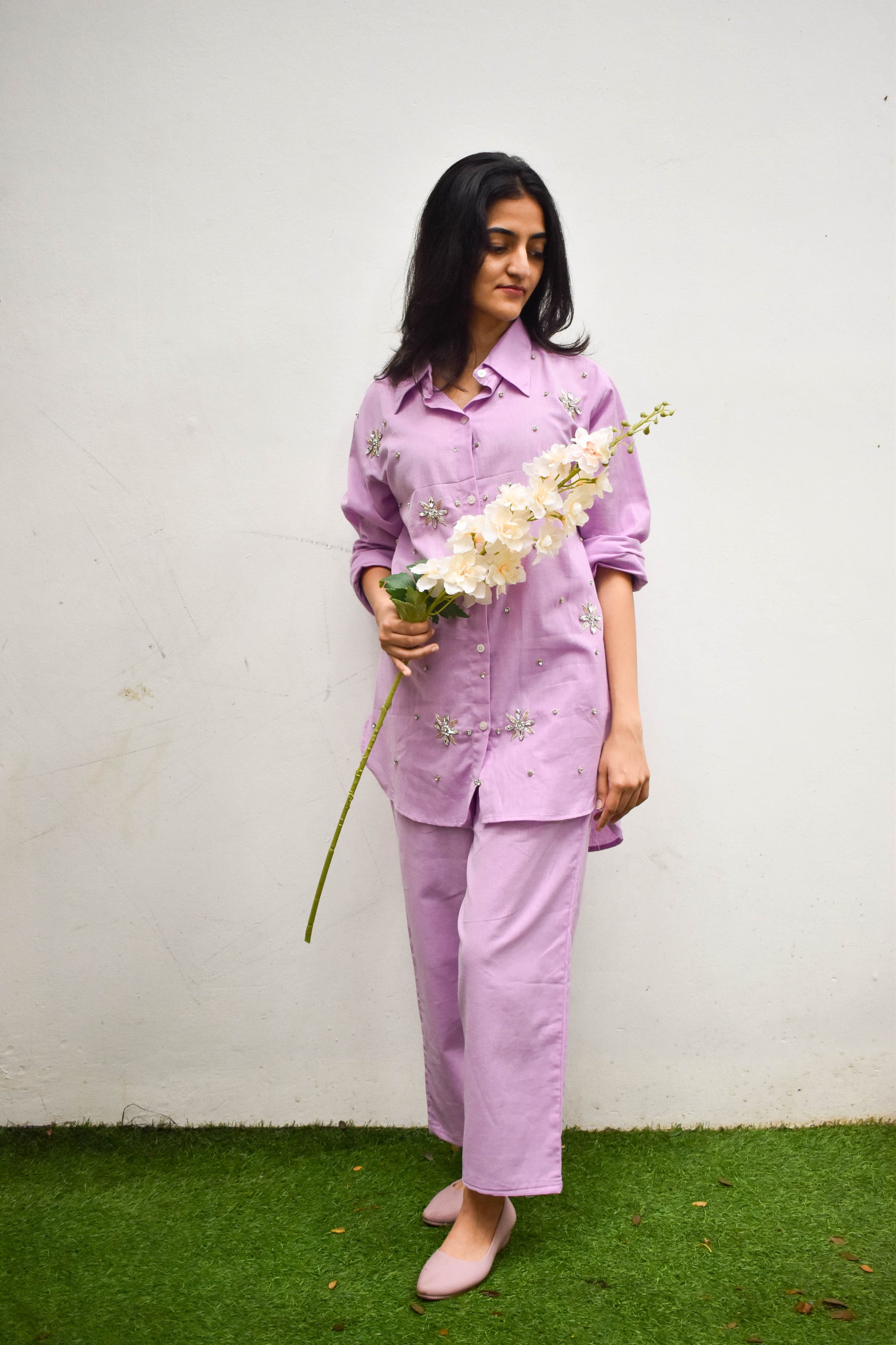 LAVENDER STONE EMBELLISHED LINEN CO-ORD SET BESU INDIA