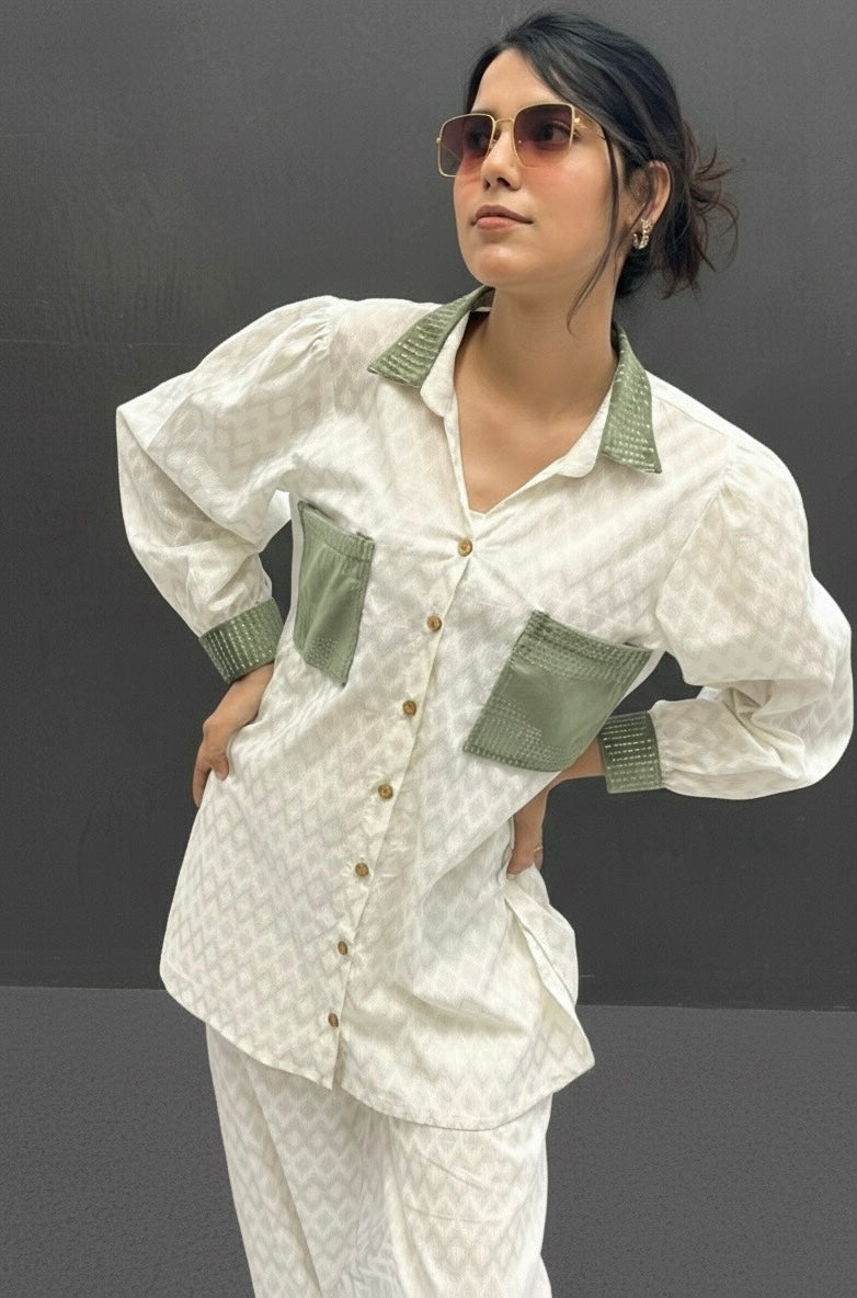 GREEN SUEDE PATCH WORKED - TEXTURED COTTON CO-ORD BESU INDIA