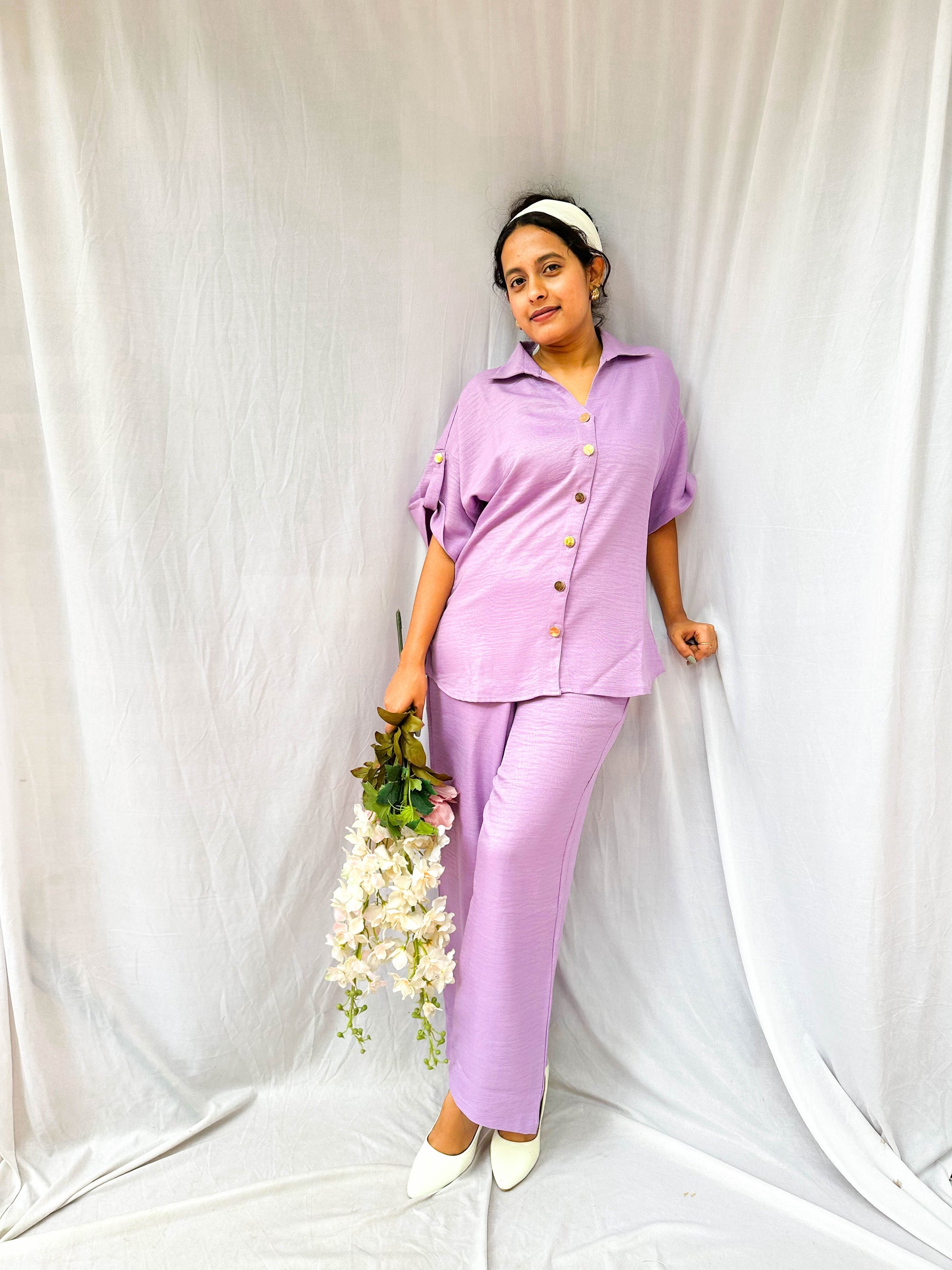 LIGHT LAVENDER SOFT COTTON CO-ORDS WITH ELEGANT GOLD BUTTONS BESU INDIA