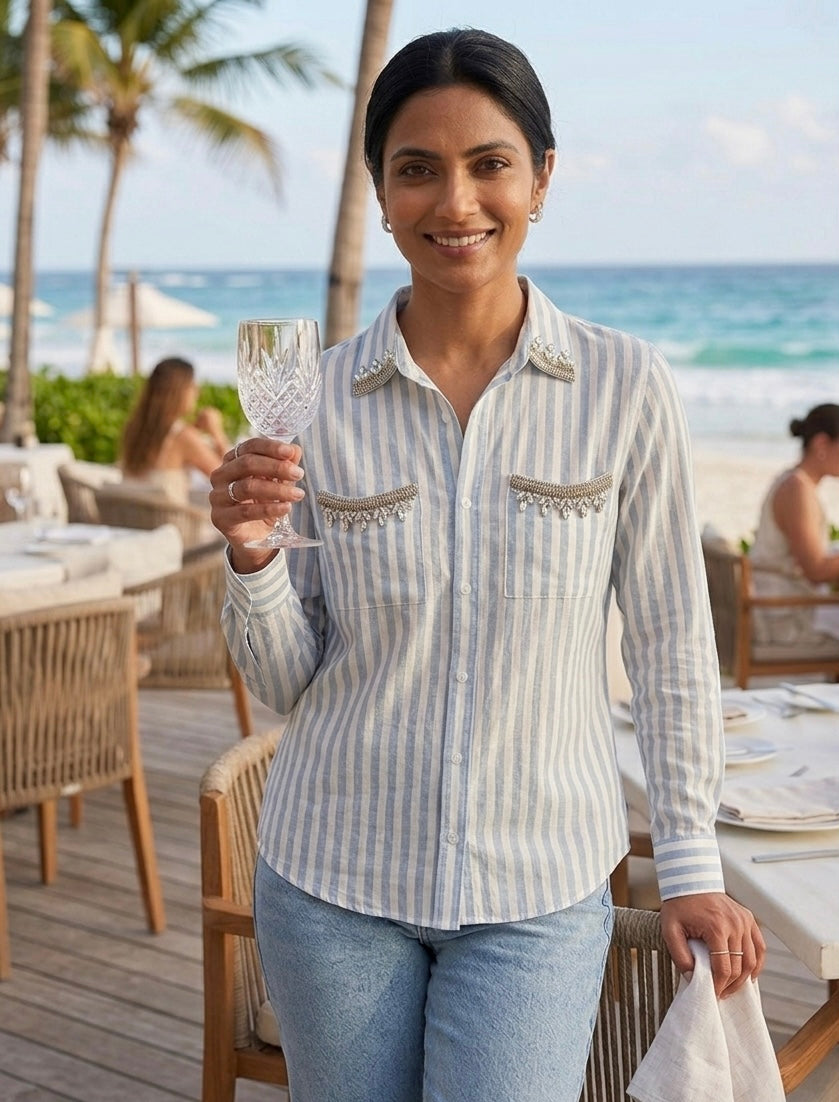 BLUE AND WHITE STRIPED SHIRT WITH EMBELLISHMENTS BESU INDIA