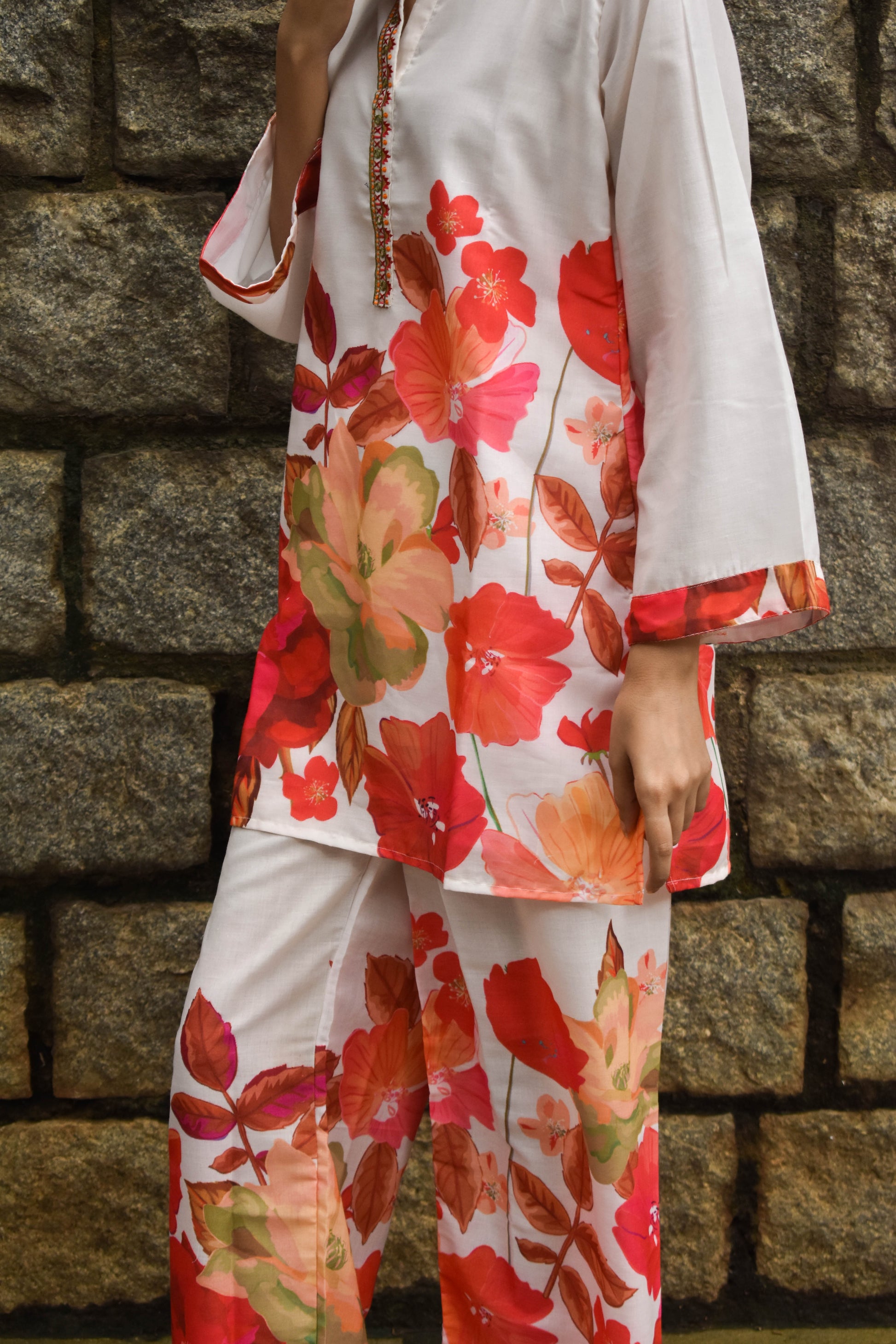 FLORAL PRINT CHINESE COLLAR COTTON KURTA SET BESU INDIA
