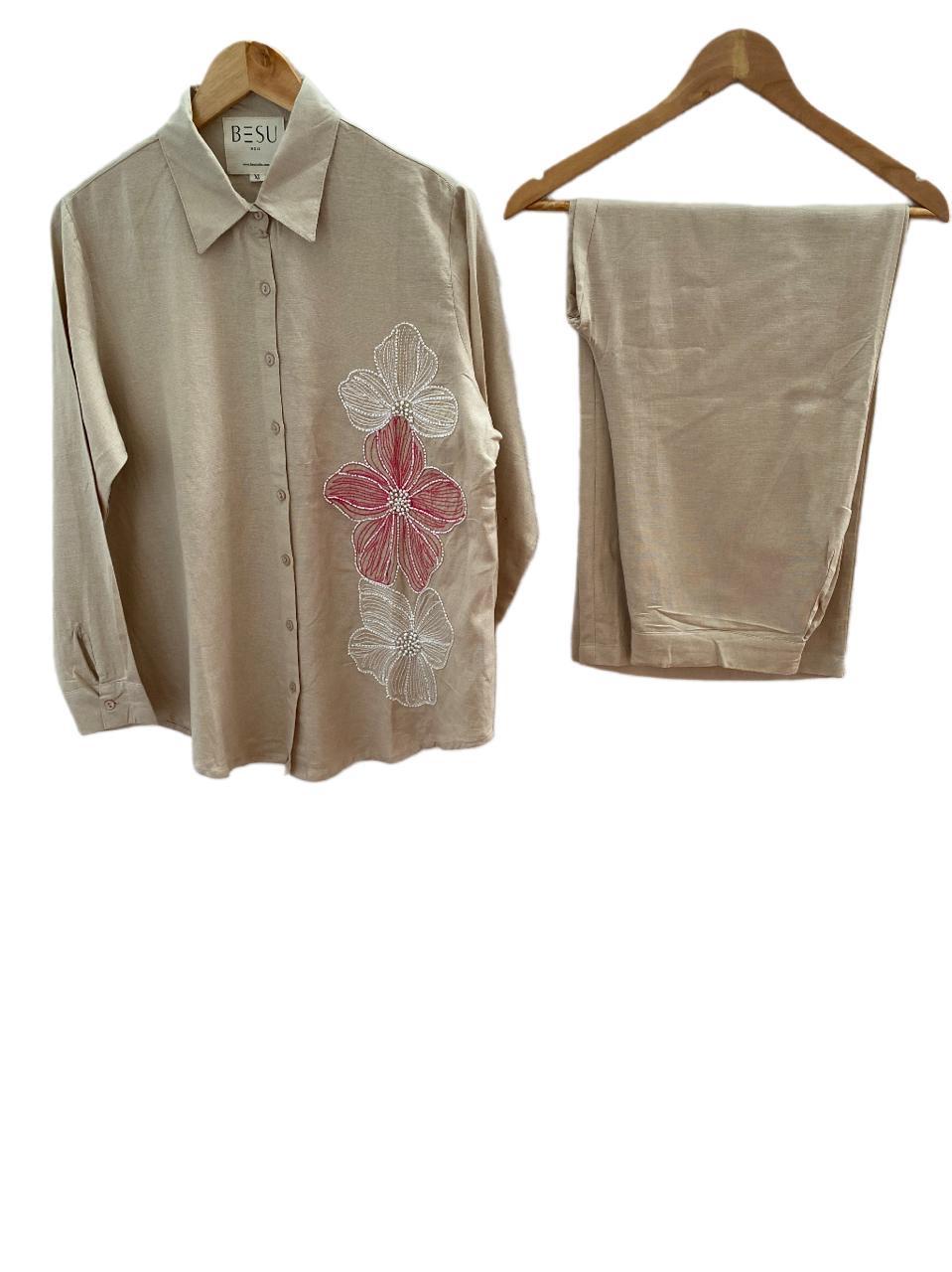 BEIGE LINEN THREAD  EMBROIDERED AND EMBELLISHED CO-ORDS BESU INDIA