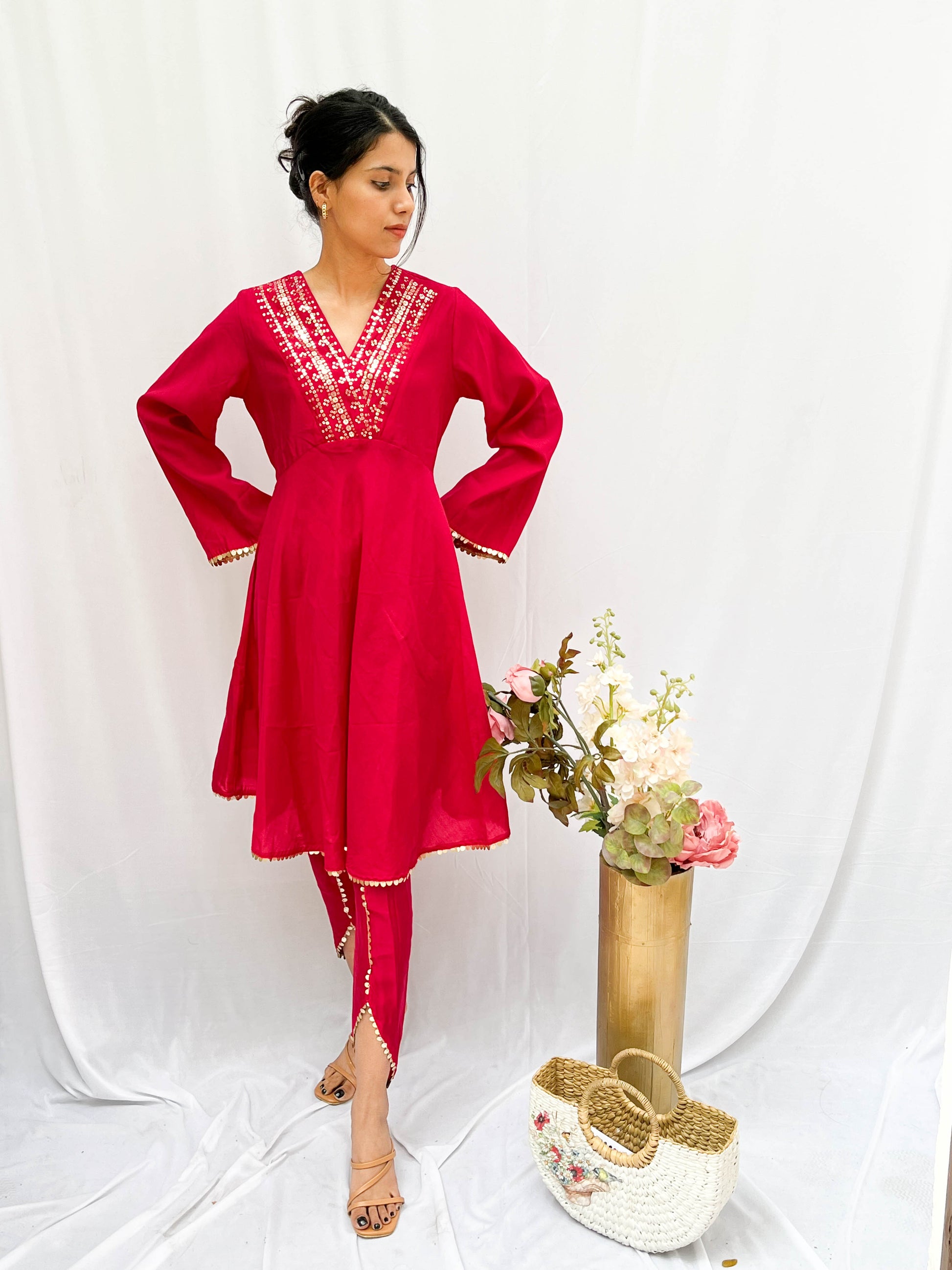 PINK SEQUINS HIGHLIGHTED KURTA SET WITH TULIP PANTS BESU INDIA