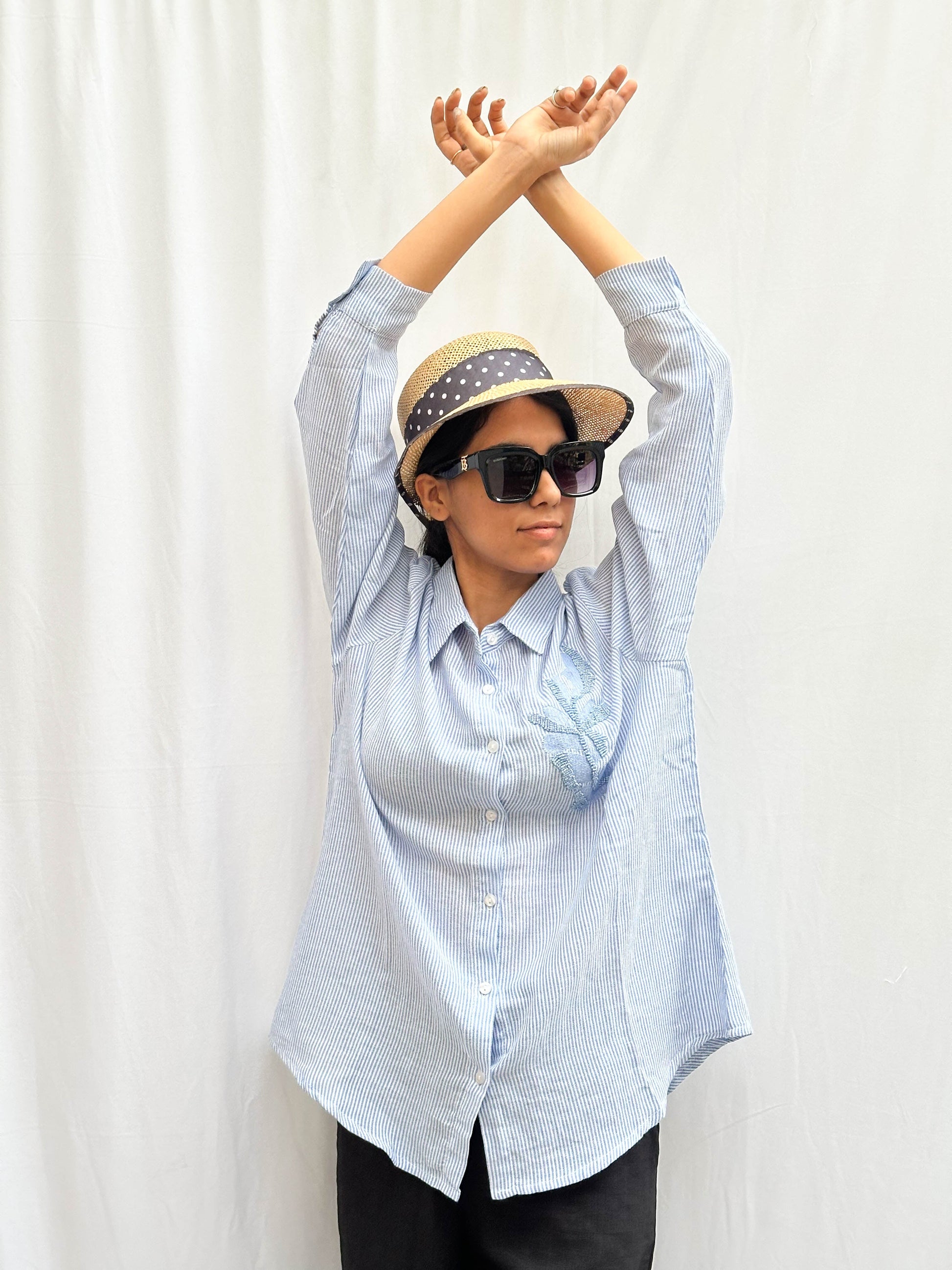 LIGHT BLUE COTTON SHIRT WITH EMBROIDERED PATCHWORK BESU INDIA