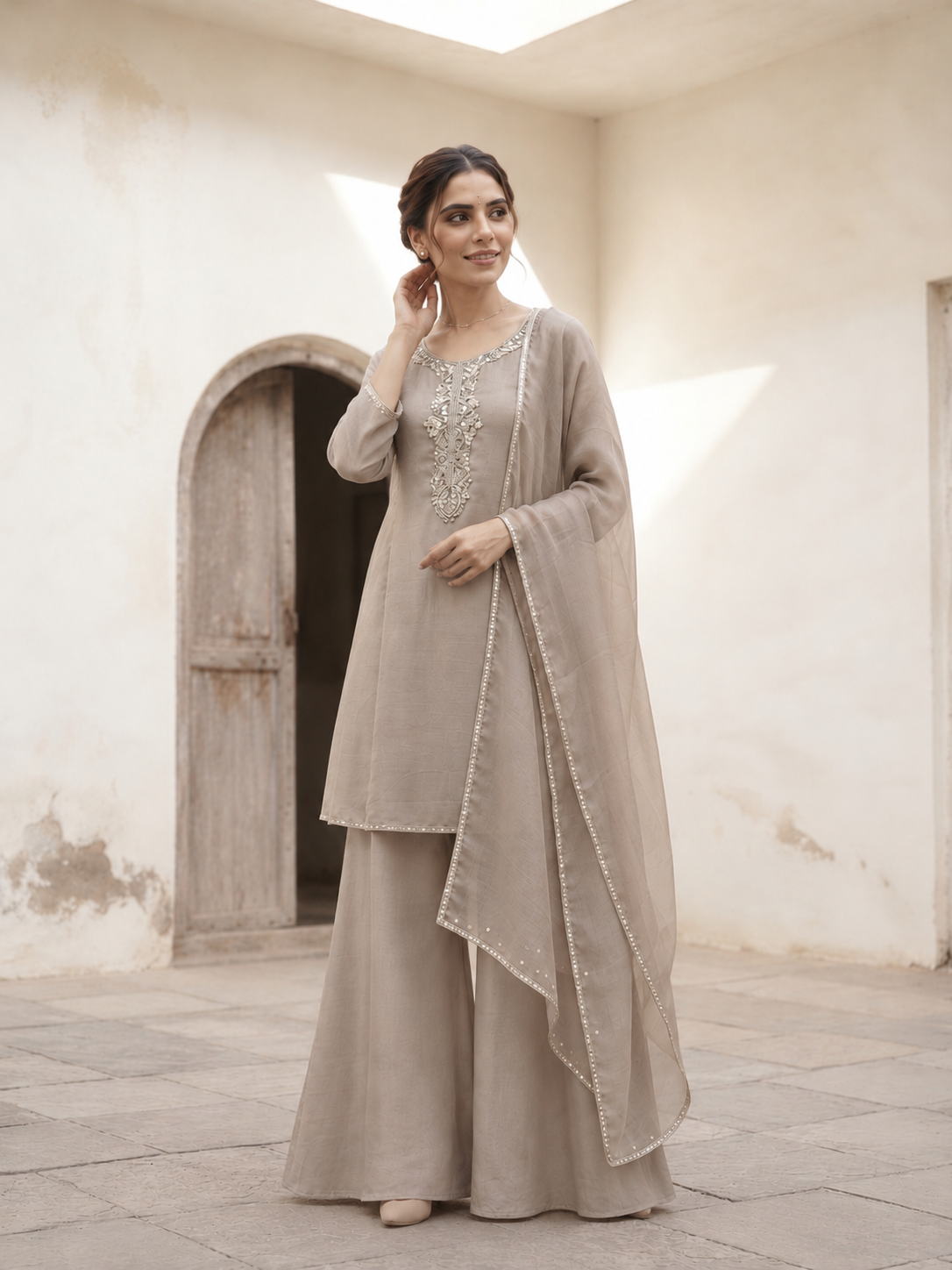 TAUPE MIRROR WORK KURTA WITH PANTS AND DUPATTA BESU INDIA