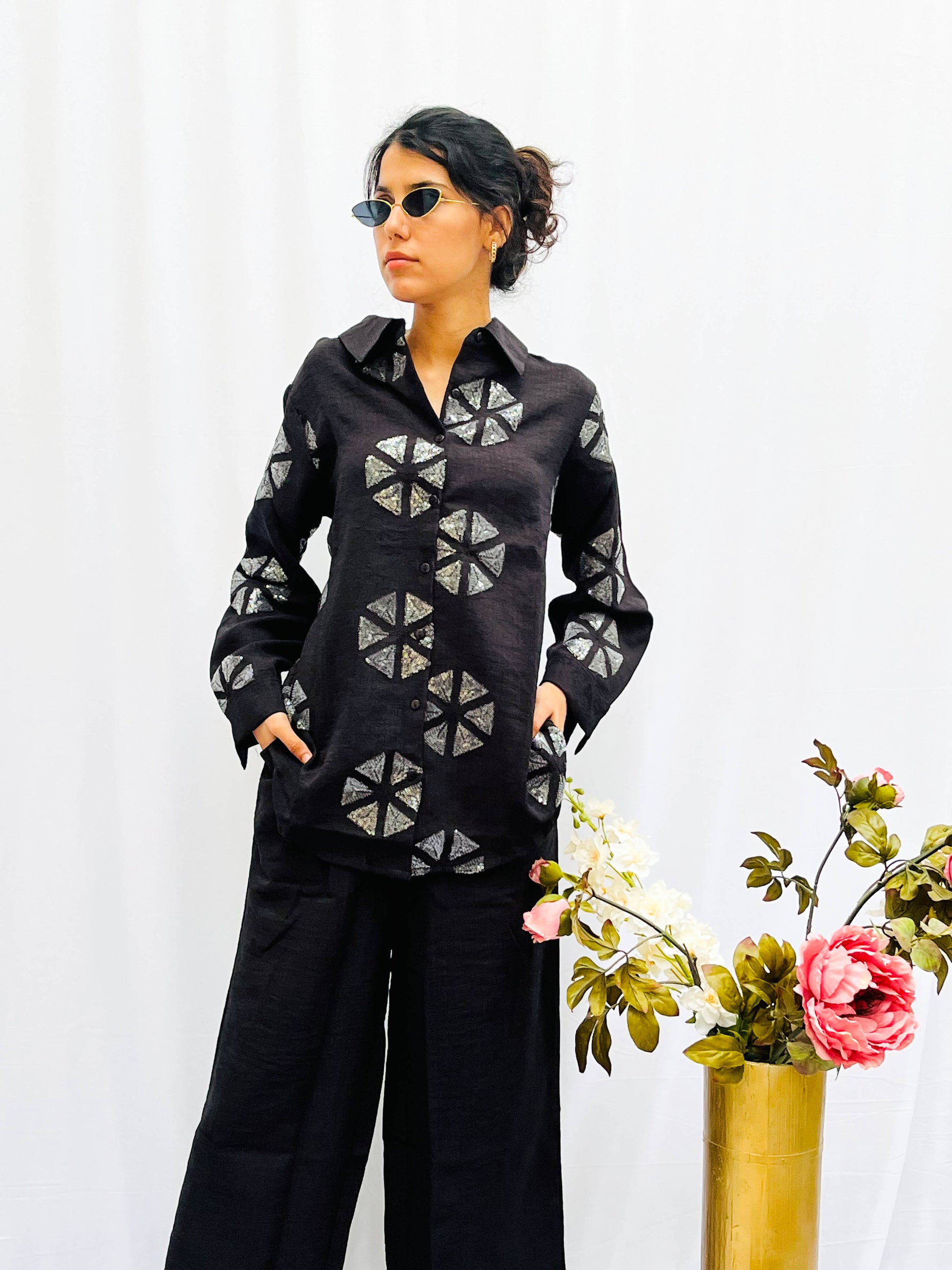 BLACK SEQUINS PATCH WORKED LINEN CO-ORD BESU INDIA