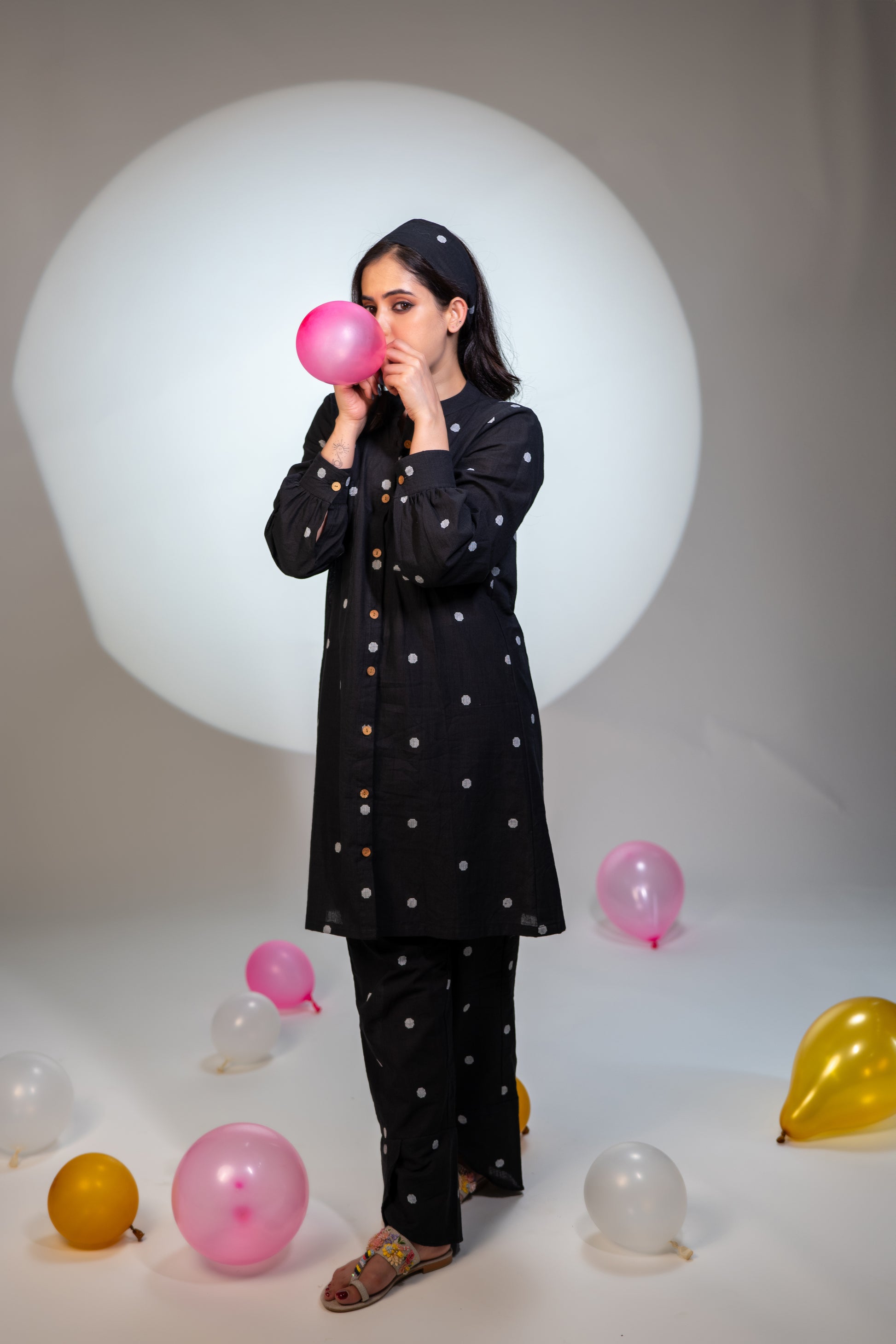 BLACK POLKA DOTTED COTTON CO-ORD KURTA SET BESU INDIA