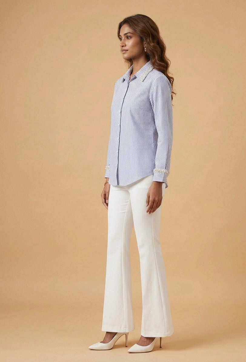BLUE STRIPED SHIRT WITH EMBROIDERED COLLAR AND CUFFS BESU INDIA