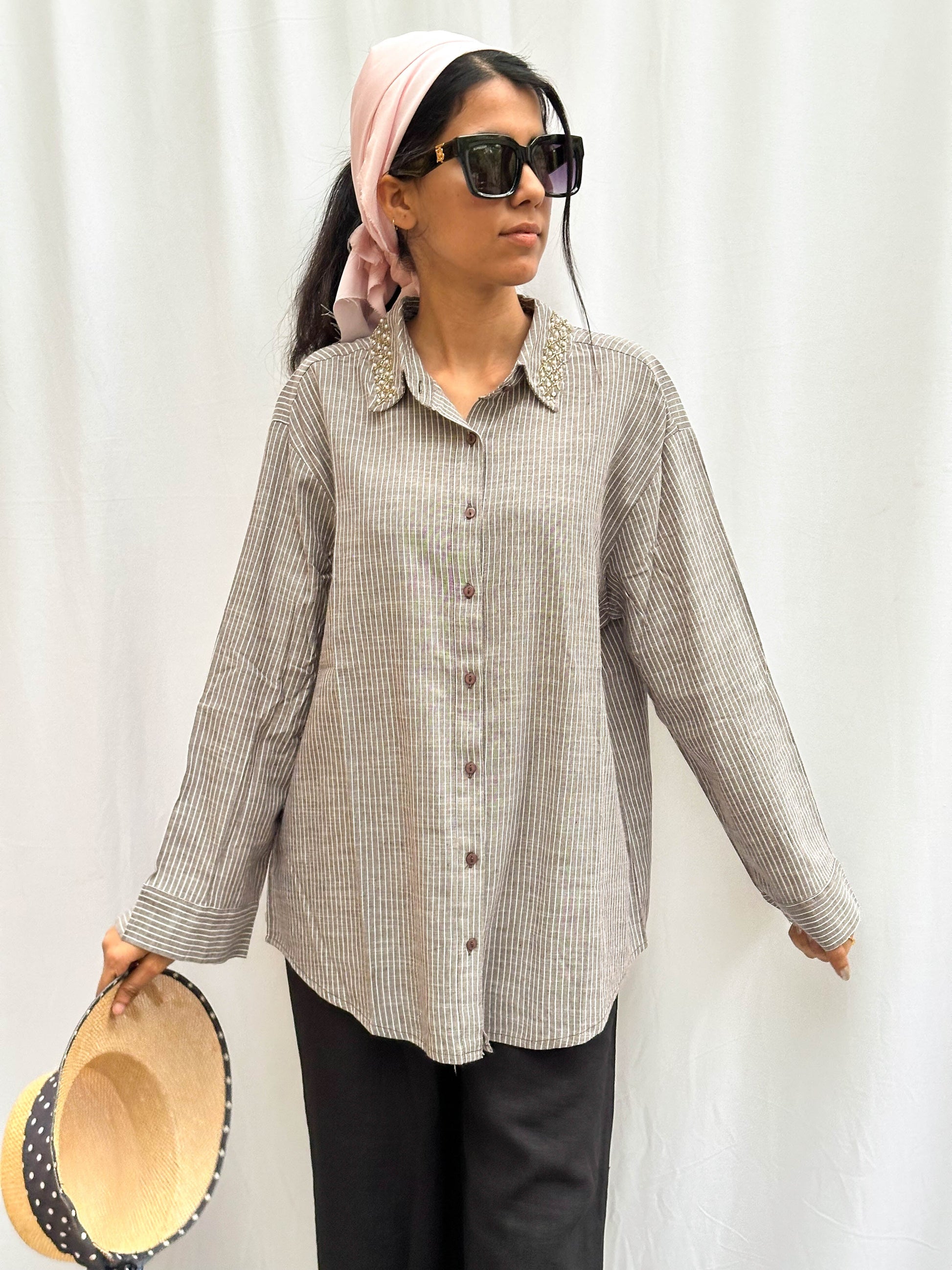LIGHT GREY LINEN COMFORT SHIRT WITH EMBROIDERED COLLAR BESU INDIA