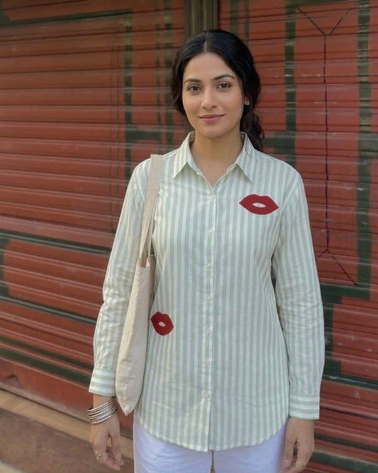 LIGHT GREEN STRIPED SHIRT WITH PATCHWORK BESU INDIA