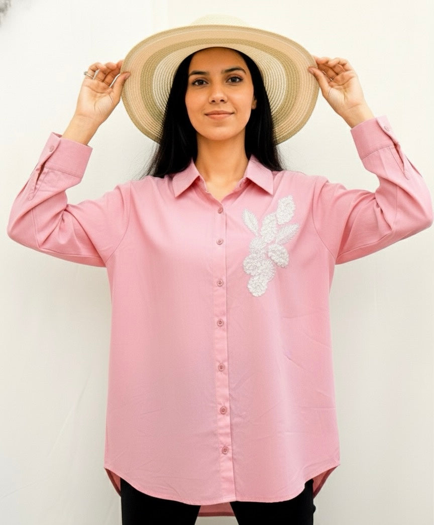 LIGHT PINK COTTON SHIRT WITH SEQUINS EMBROIDERY BESU INDIA
