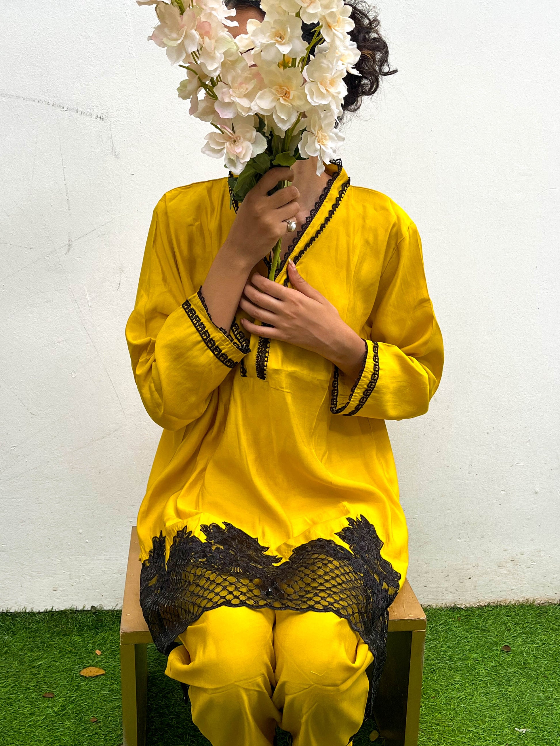 MUSTARD LACE APPLIQUÉ PATCH WORK KURTA SET BESU INDIA