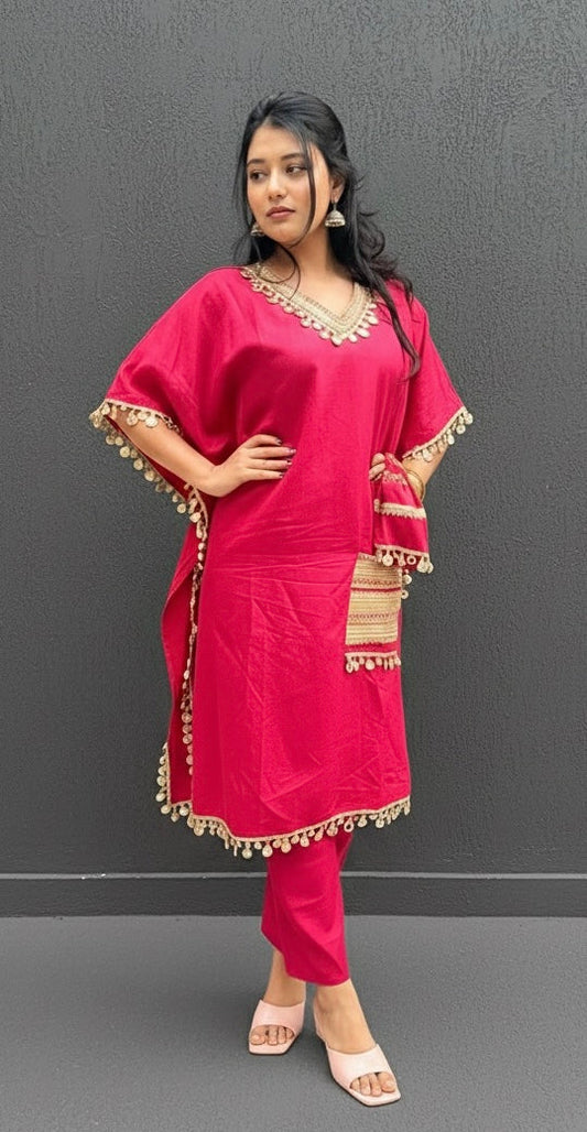 PINK MIRROR WORK KAFTAN WITH STRAIGHT PANTS AND BAG BESU INDIA