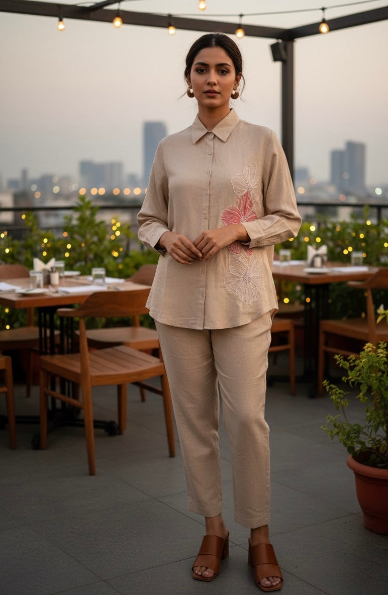 BEIGE LINEN THREAD  EMBROIDERED AND EMBELLISHED CO-ORDS BESU INDIA