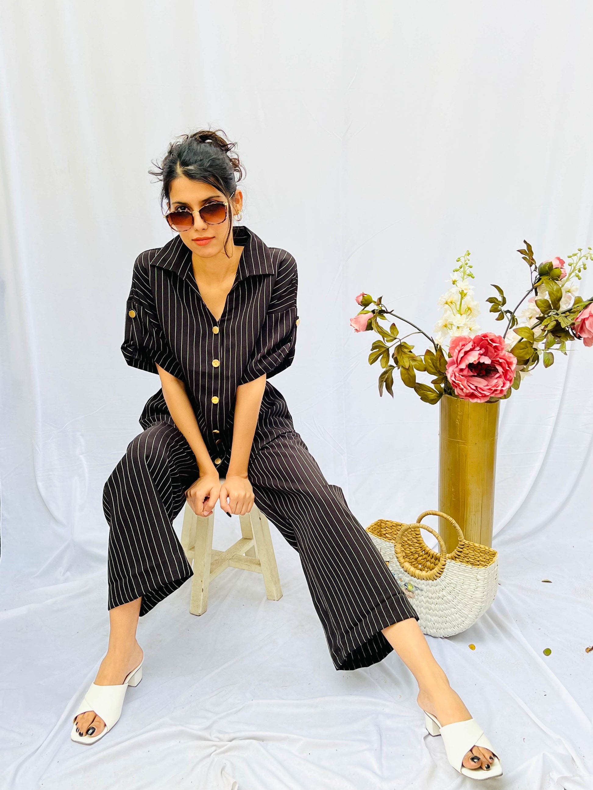 WHITE STRIPES ON BLACK LINEN CO-ORDS BESU INDIA