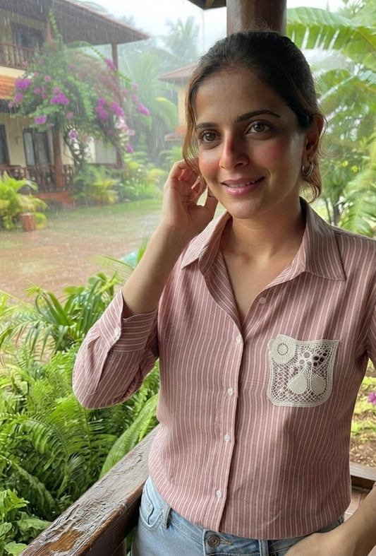 DUSTY ROSE STRIPED SHIRT WITH LACE POCKET BESU INDIA