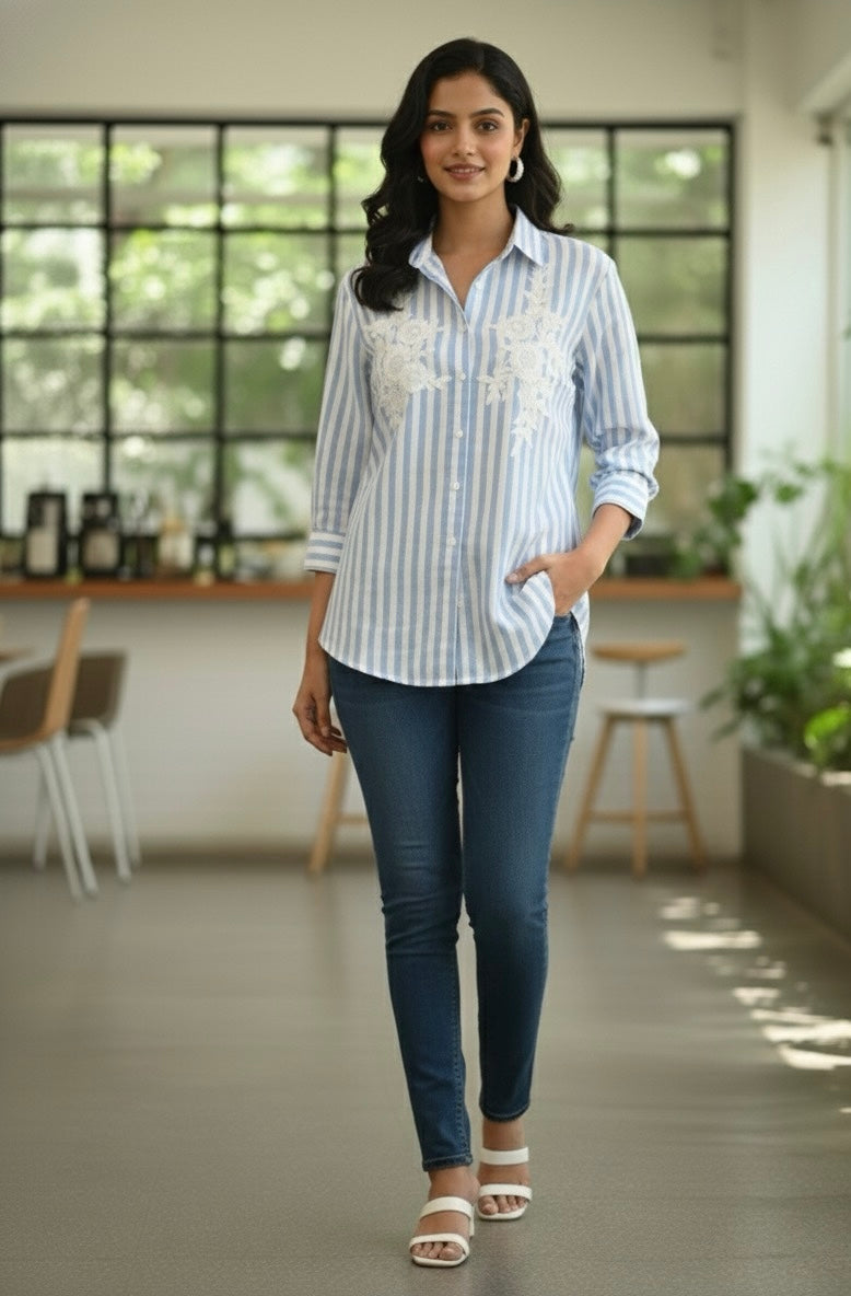 BLUE AND WHITE STRIPED SHIRT WITH SEQUINS EMBROIDERY BESU INDIA