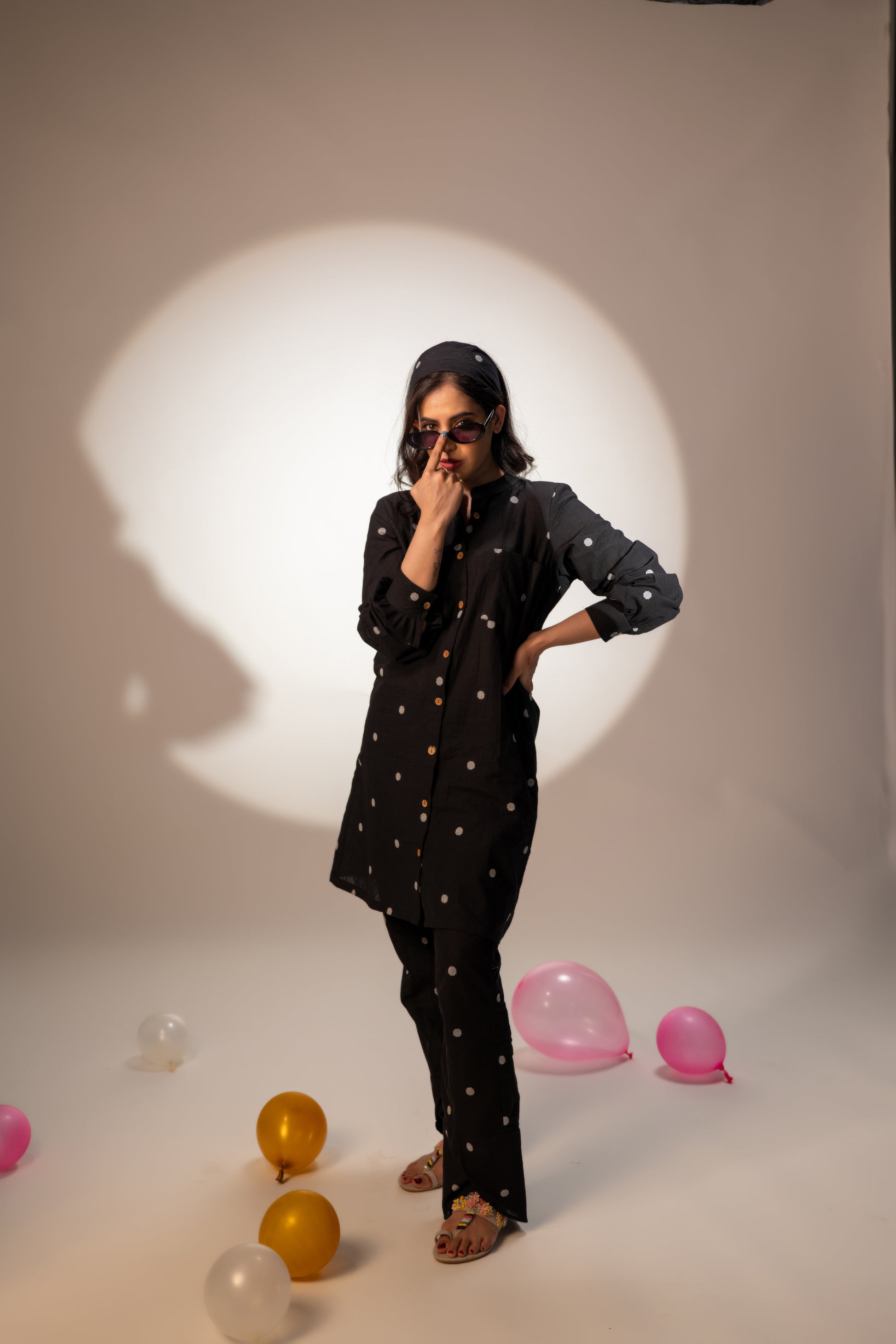 BLACK POLKA DOTTED COTTON CO-ORD KURTA SET BESU INDIA